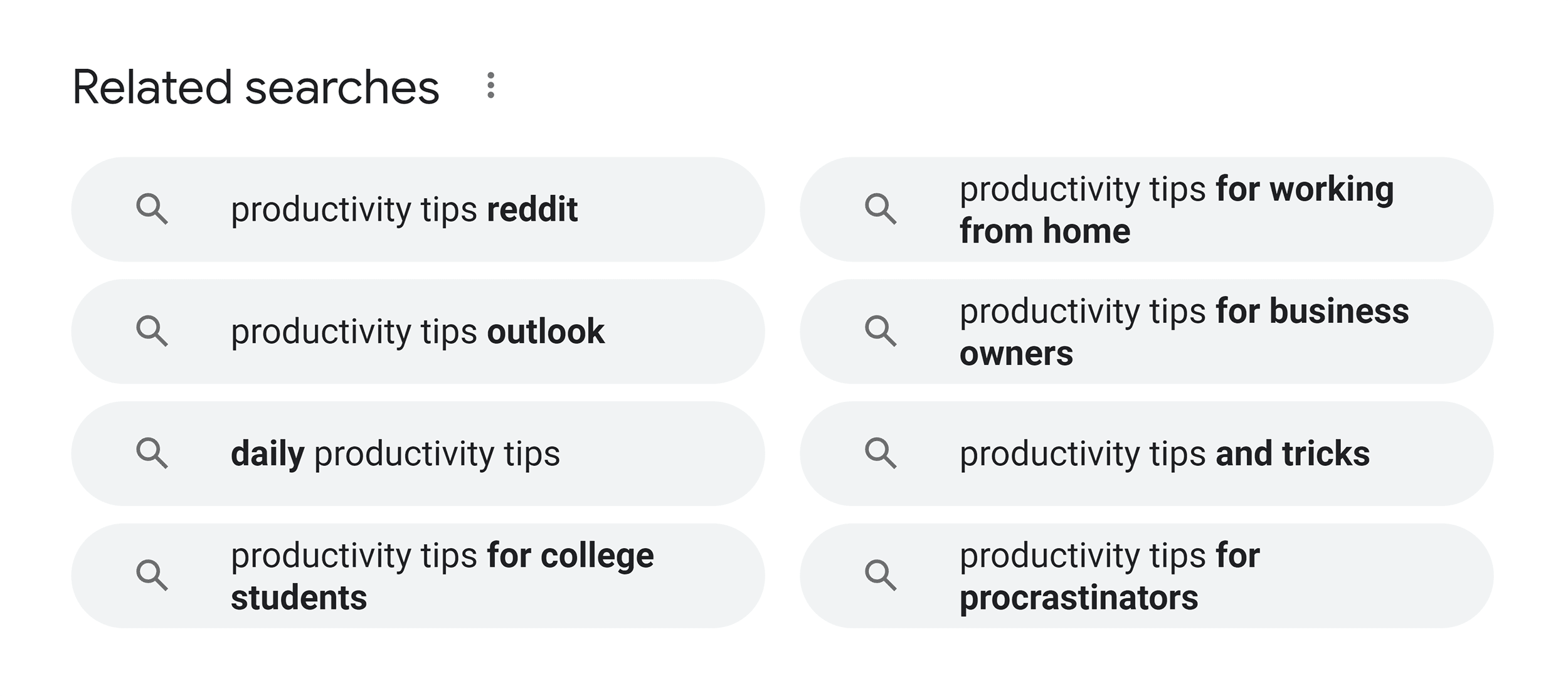 Google – Related searches – Productivity tips