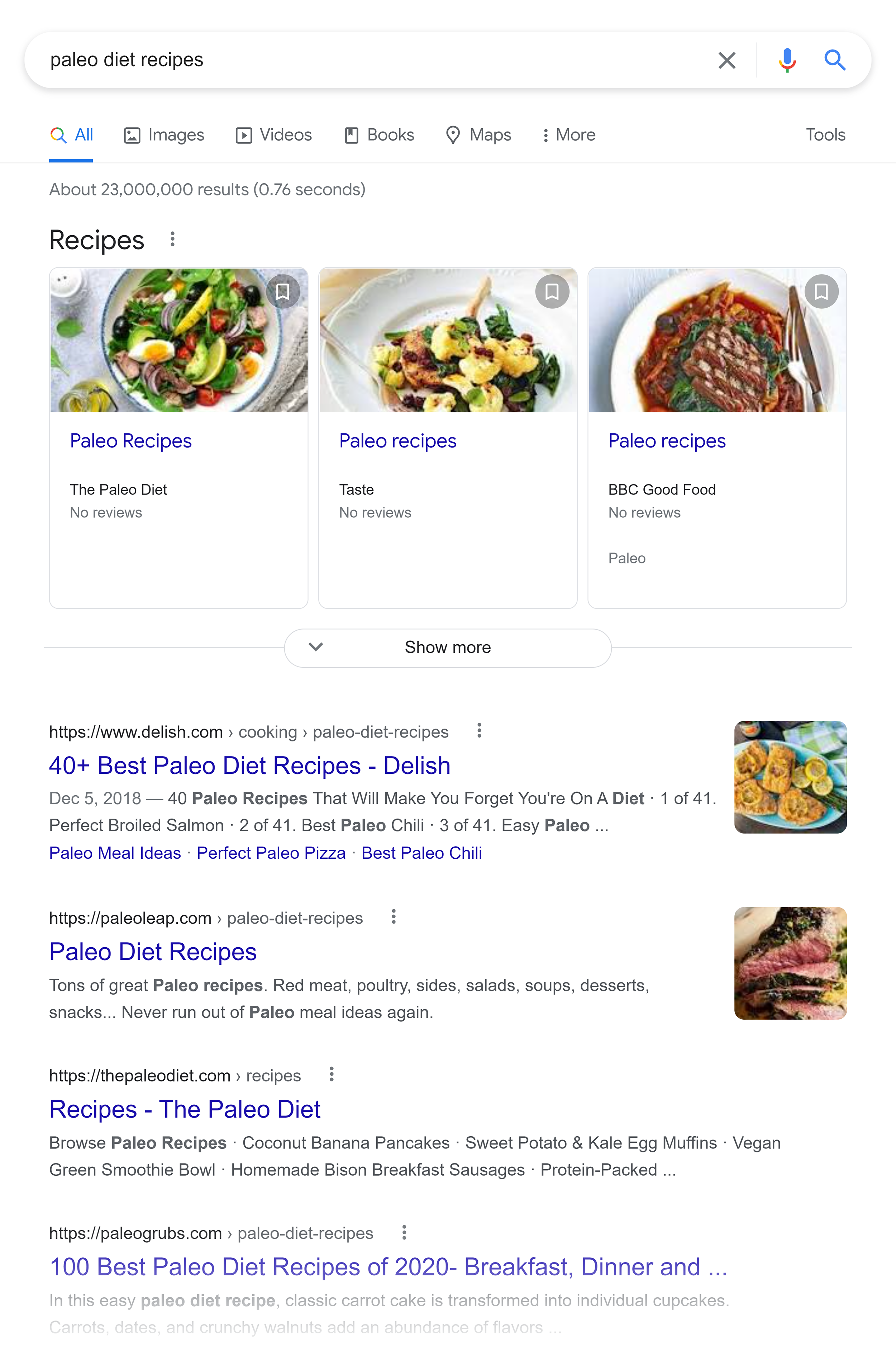 Google SERP – receitas da dieta Paleo