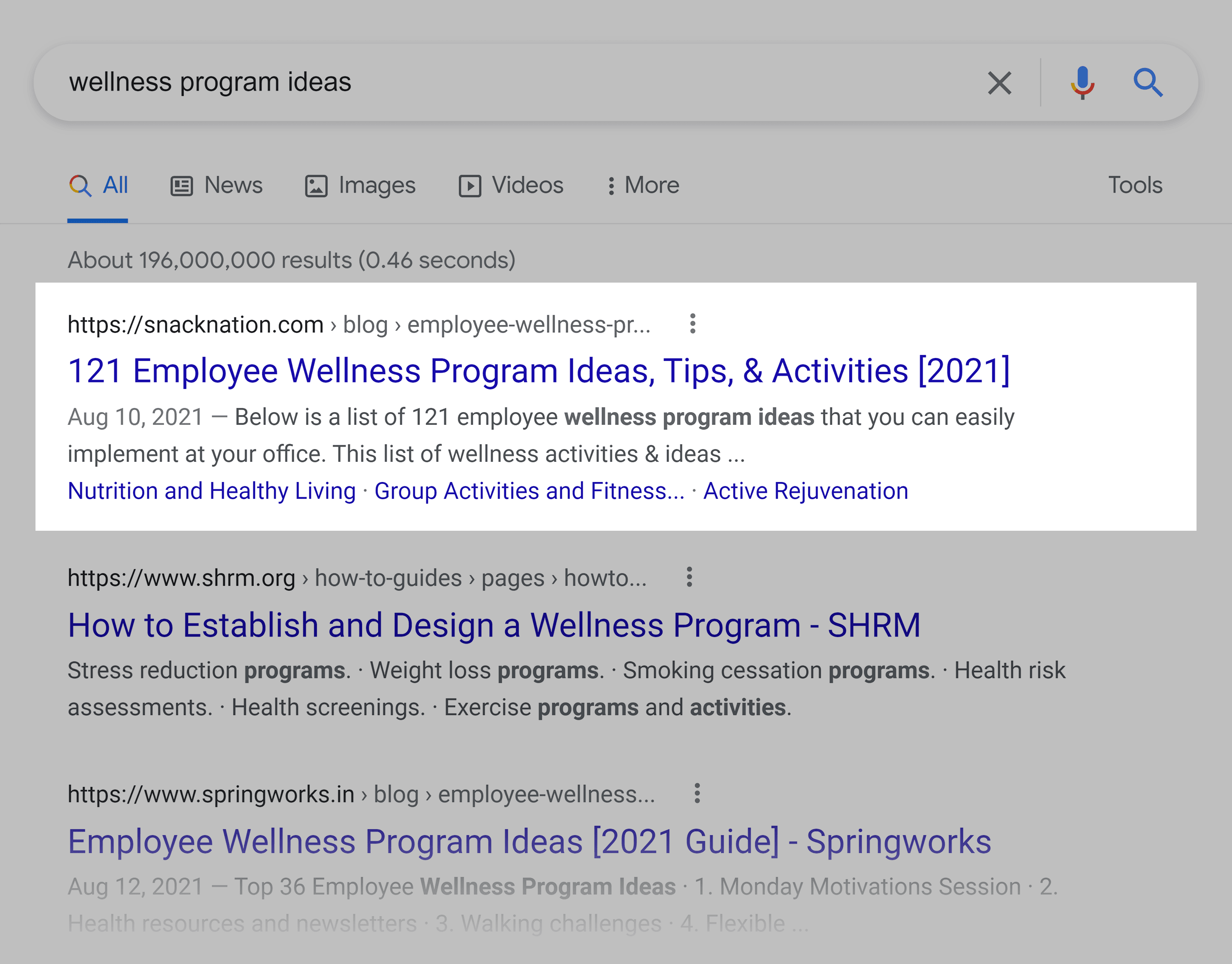 Google SERP – Wellness program ideas