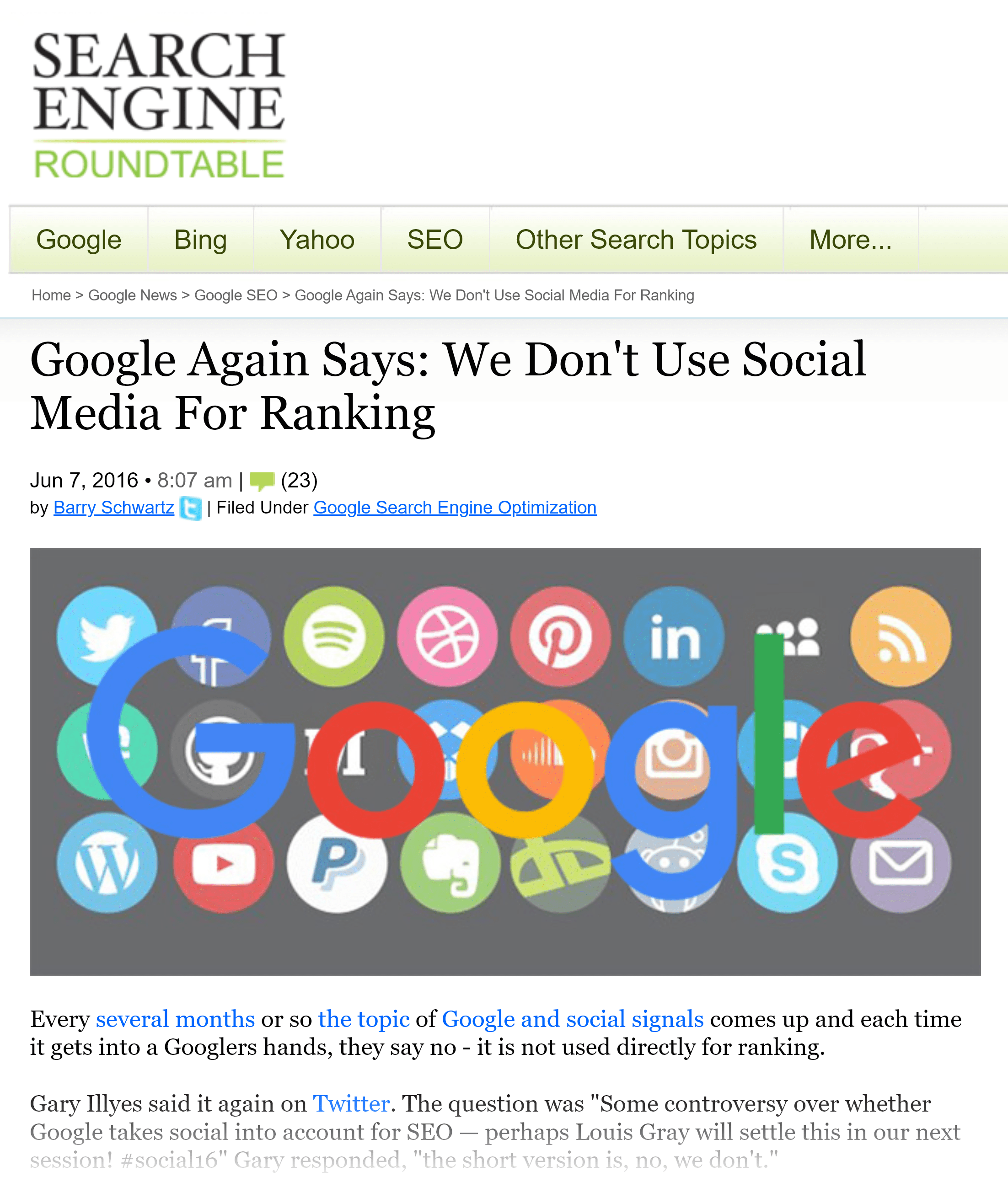 Search Engine Roundtable – Google doesn't use social media for ranking