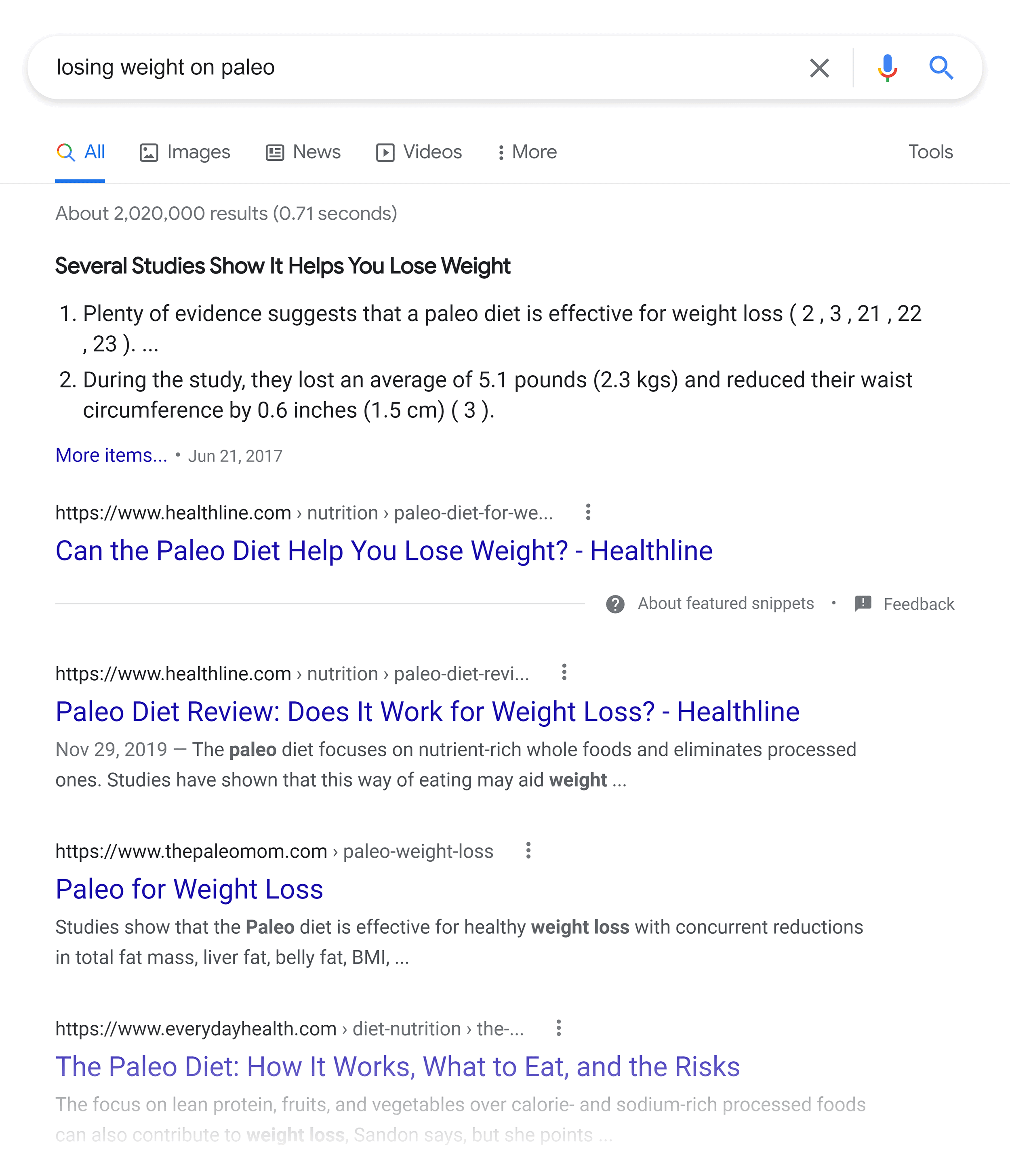 Google SERP – Losing weight on paleo