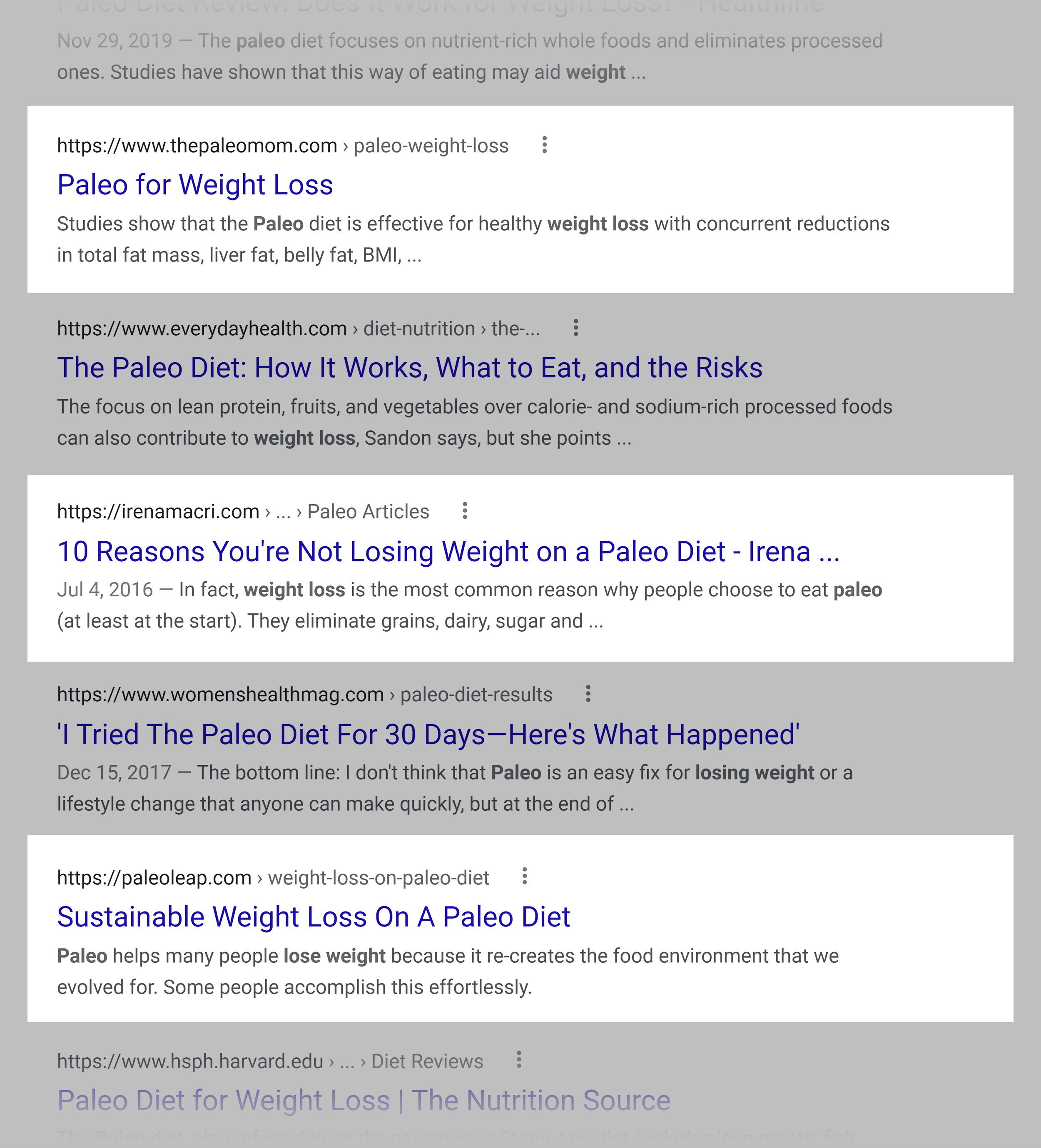 Paleo blogs in Google SERP