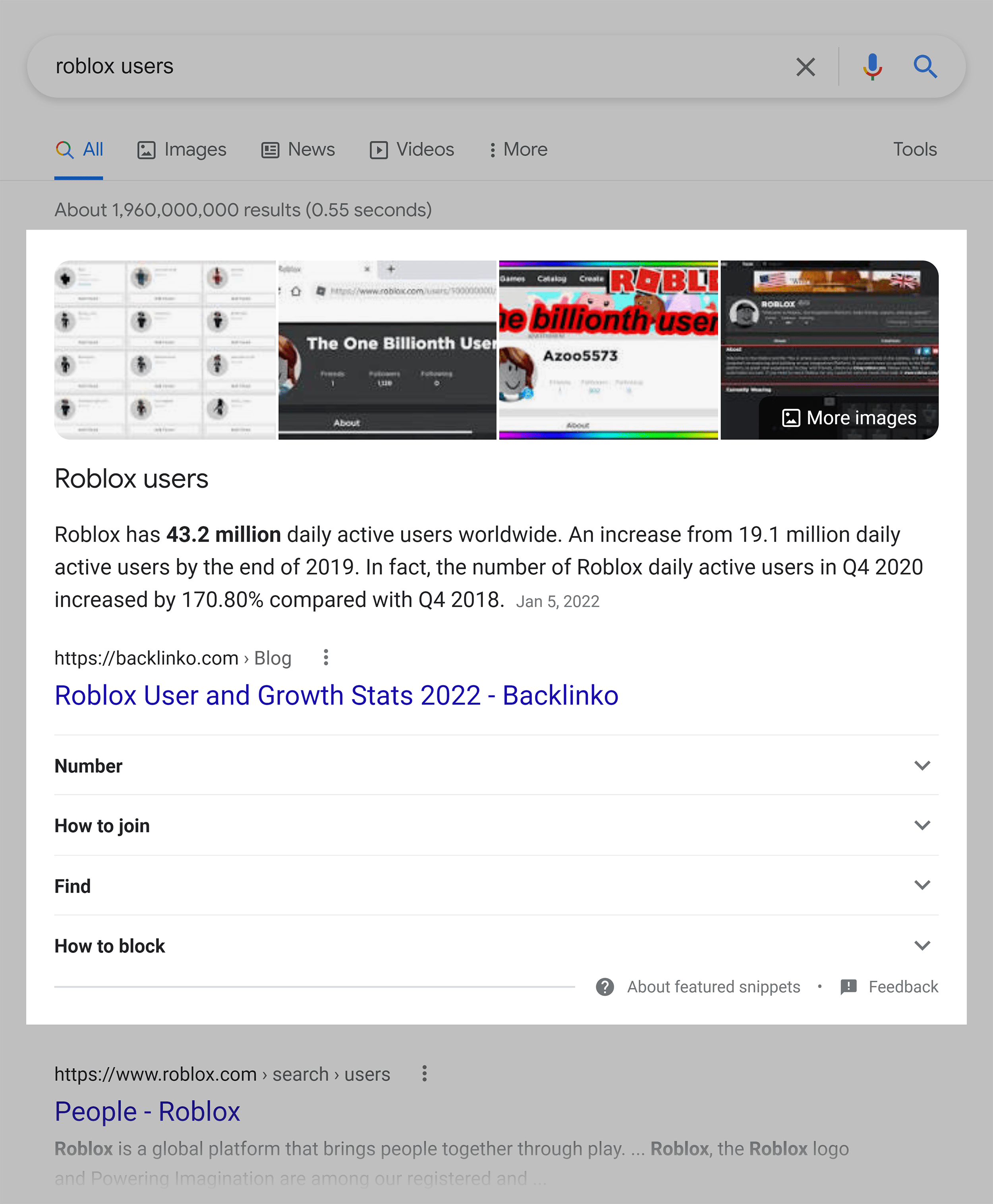 Google SERP – Roblox users – Backlinko snippet