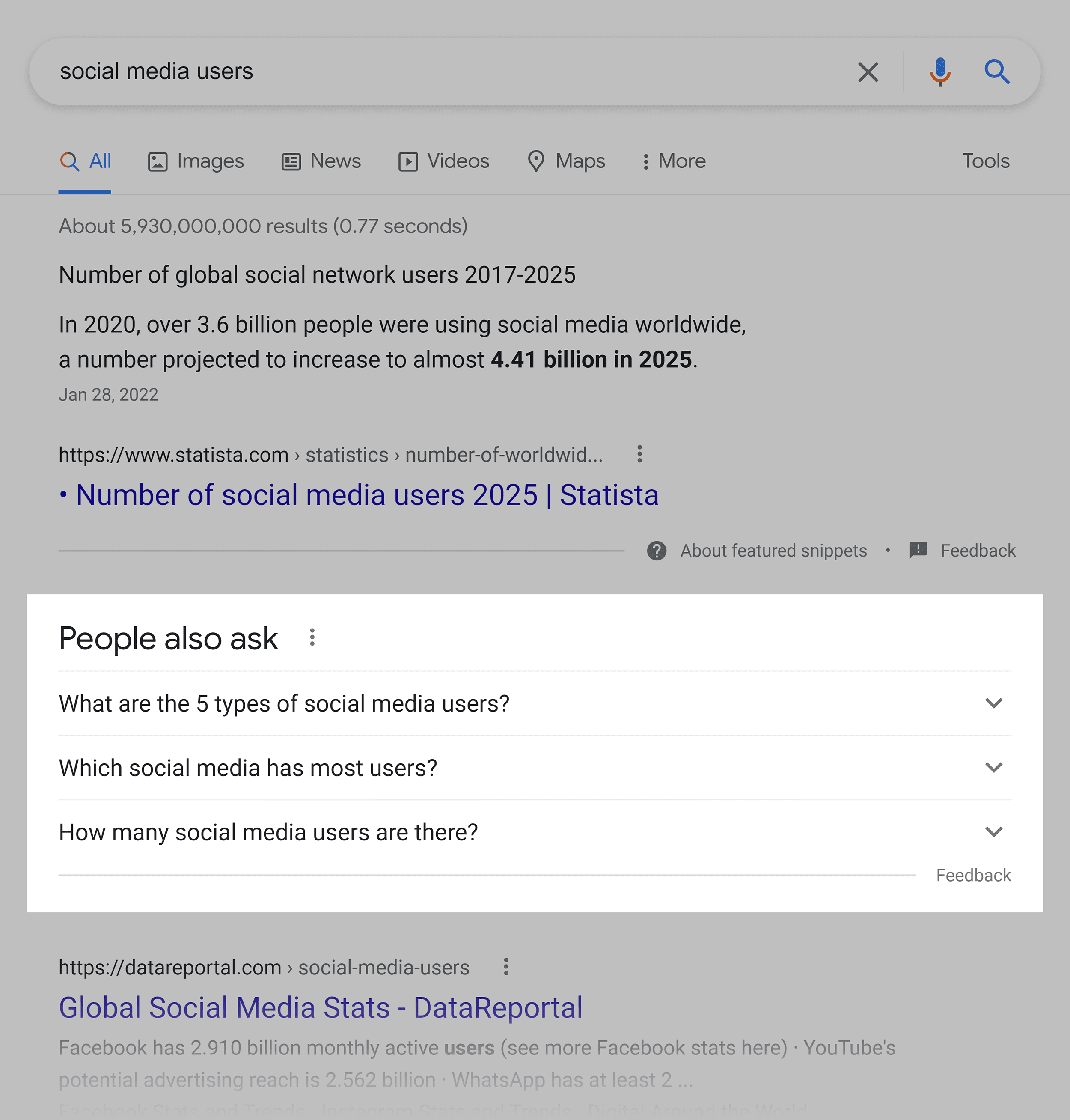 Google SERP – Social media users – People also ask
