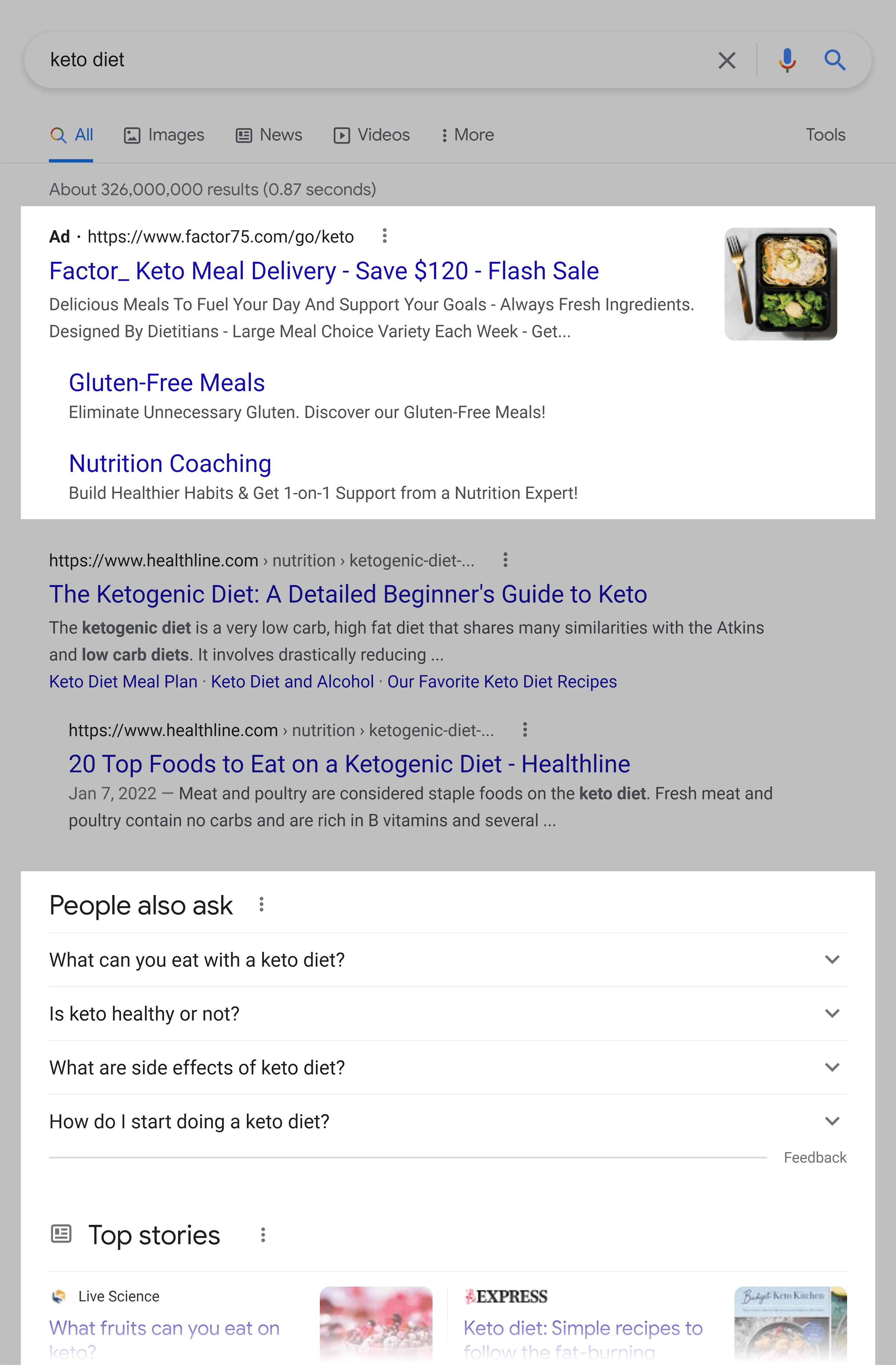 Google SERP – Keto diet – Features