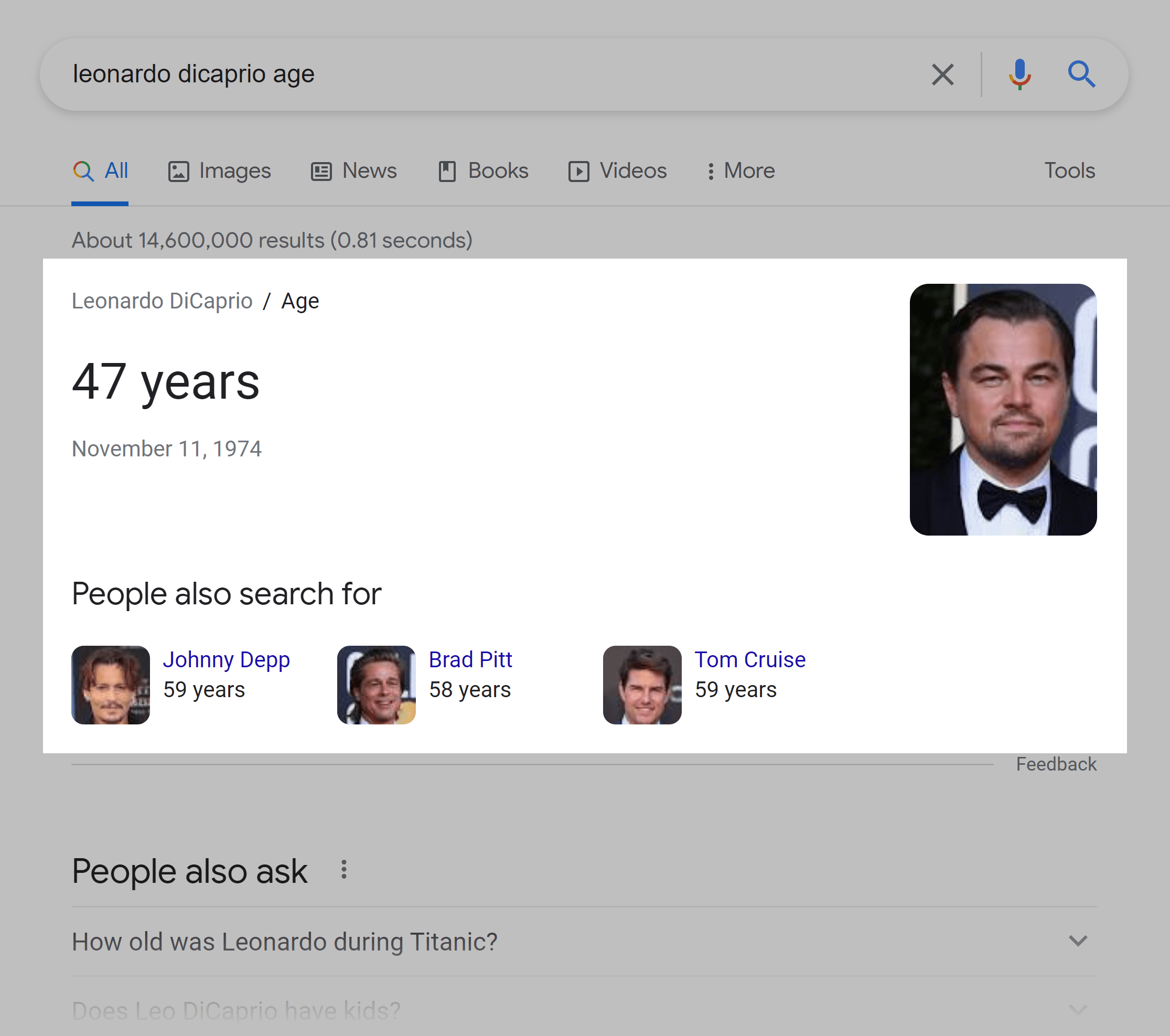 Google SERP – Leonardo DiCaprio age