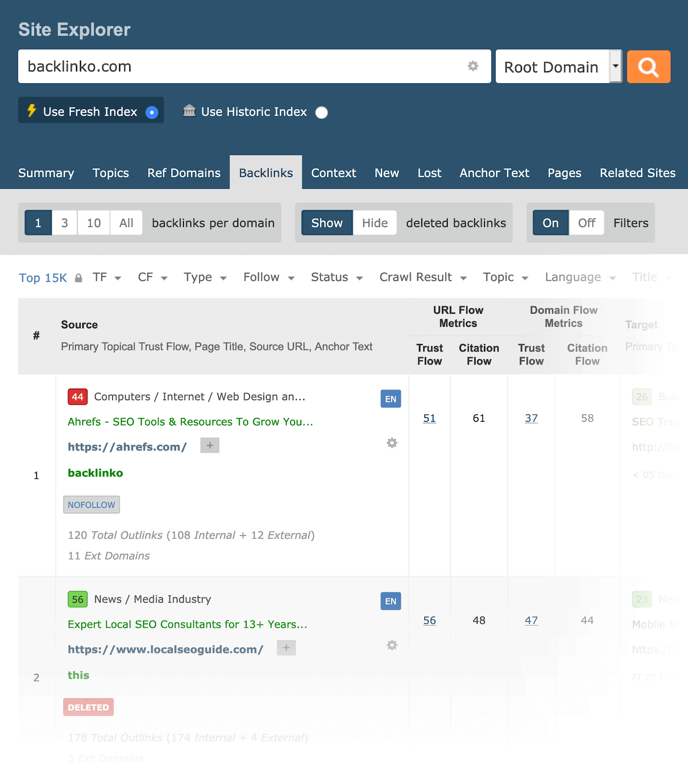 Majestic link analysis tool