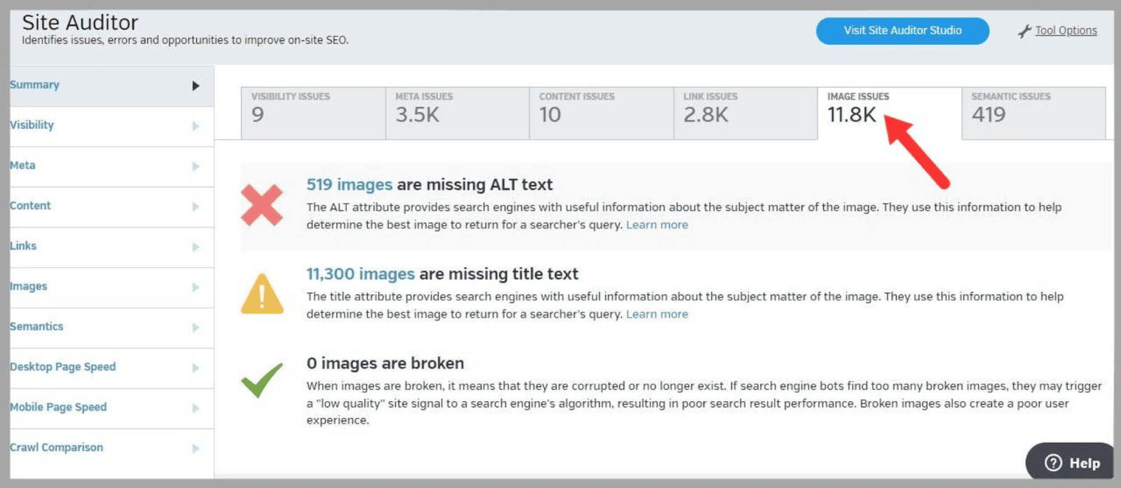 Images tab tells you each  issues connected  your site