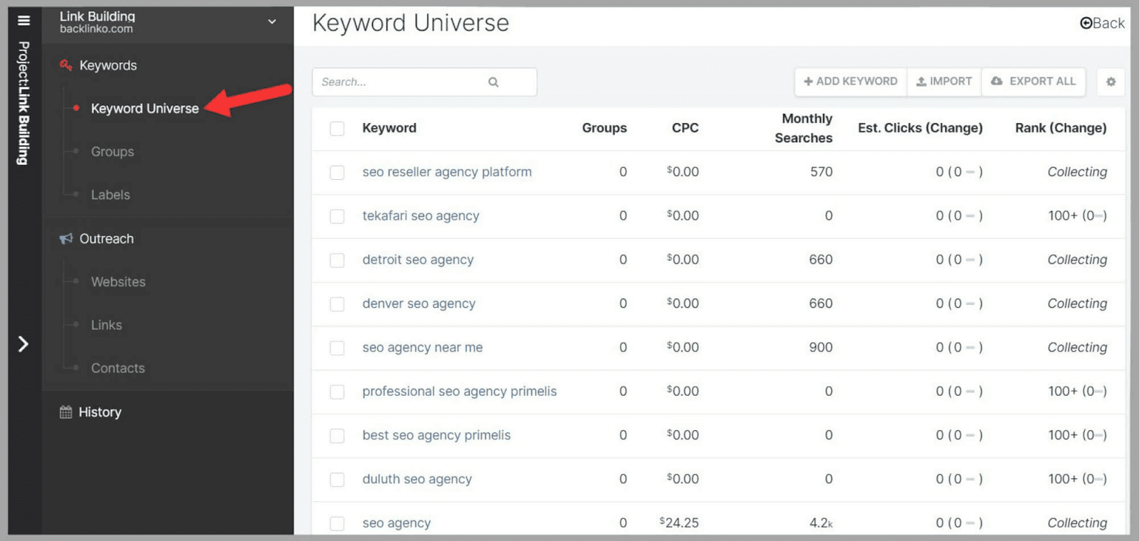 View your keywords connected  close    side