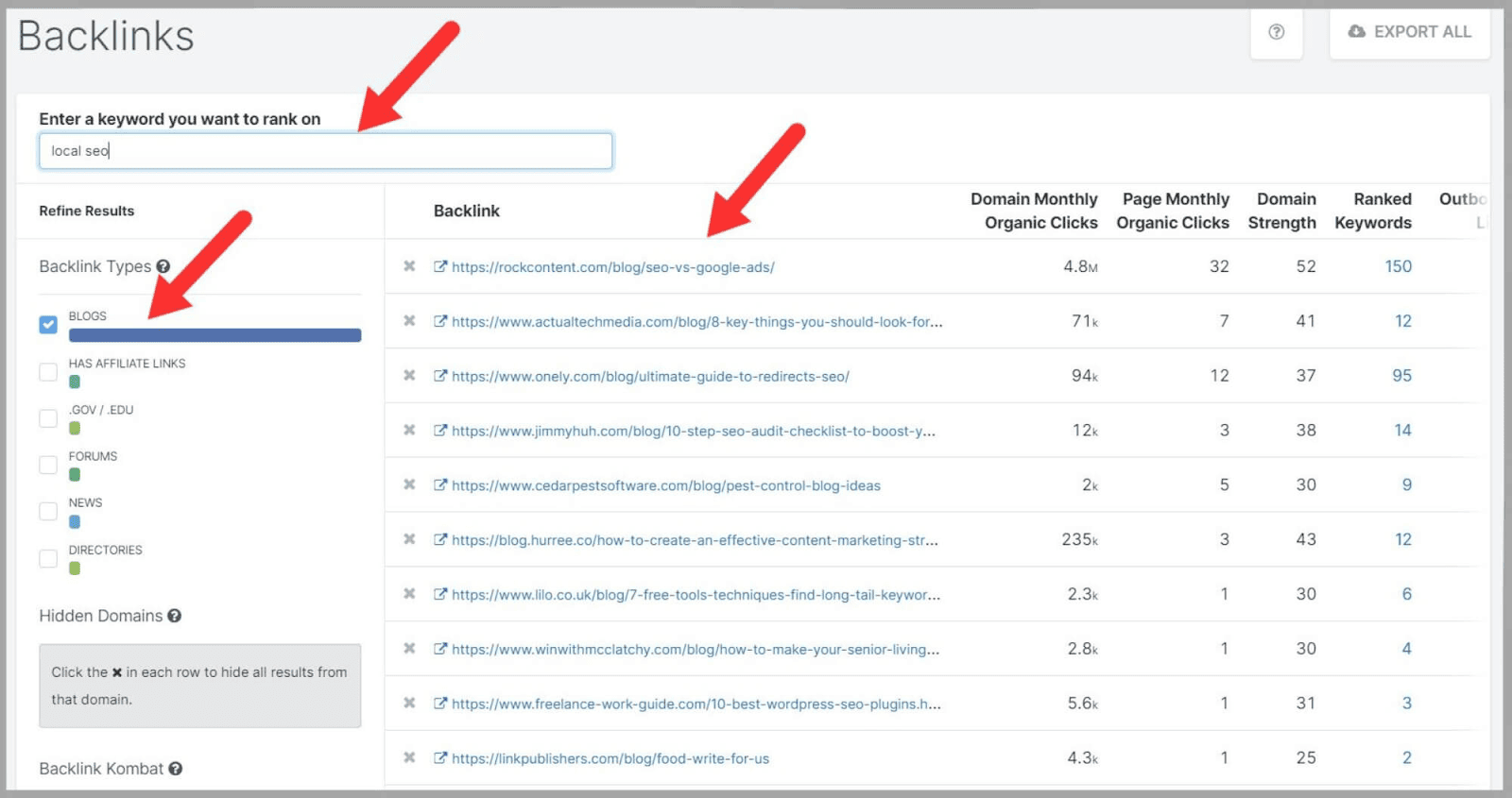 Domains linking to your site for specific keyword