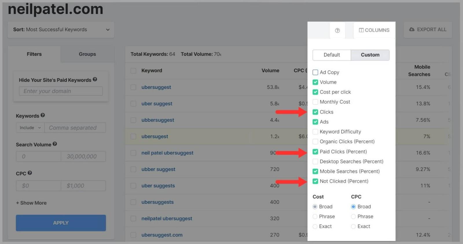 Access features on the columns tab