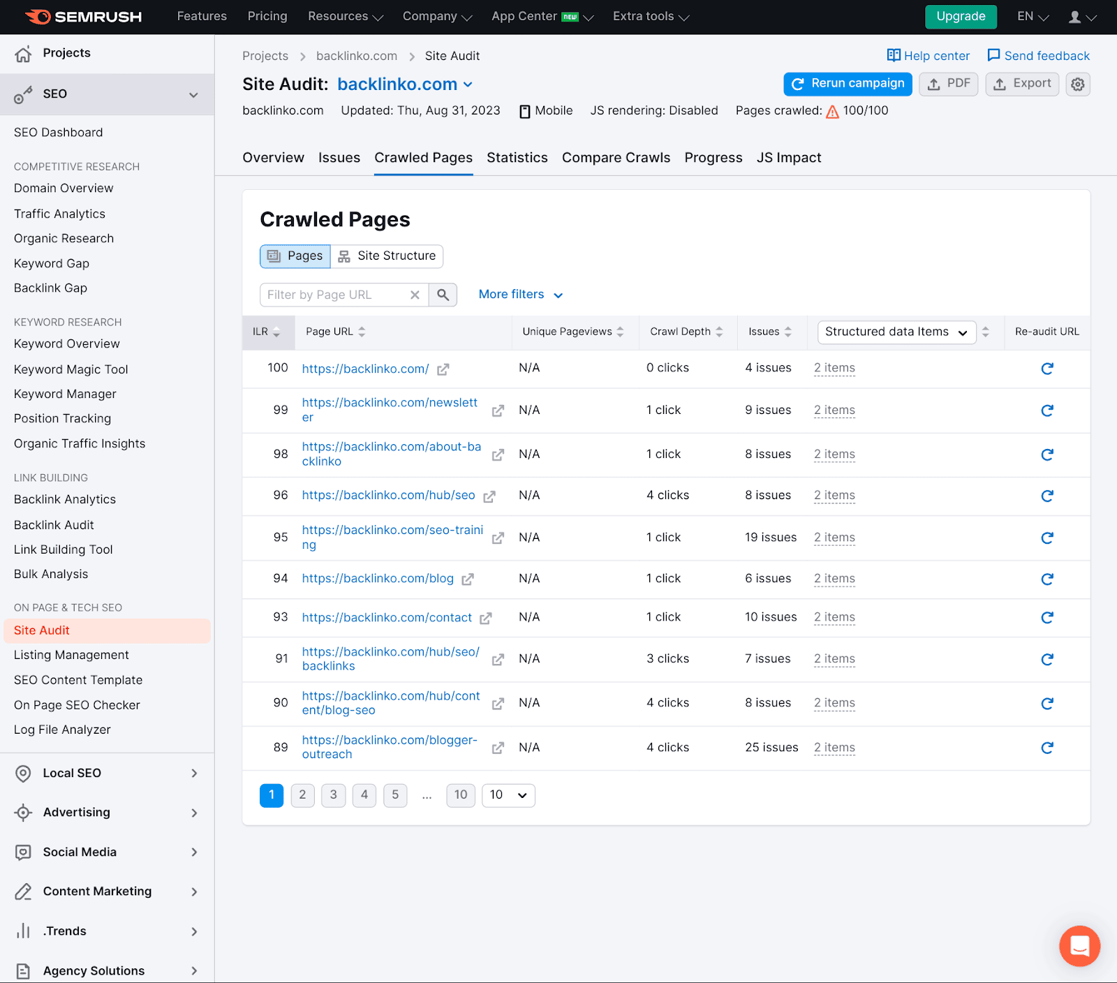 Crawl depth of your URLs