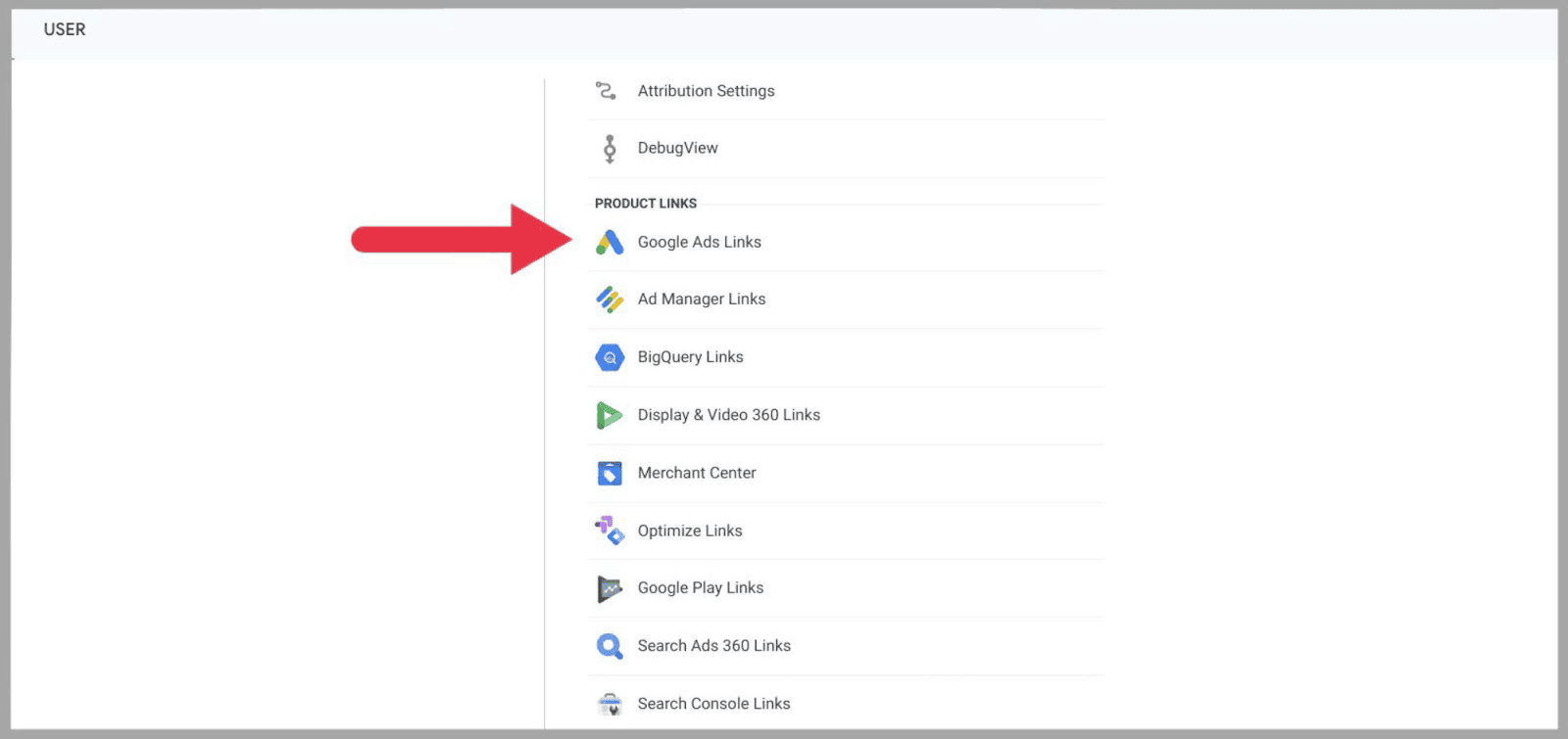 Select Google Ads Links under Product Links