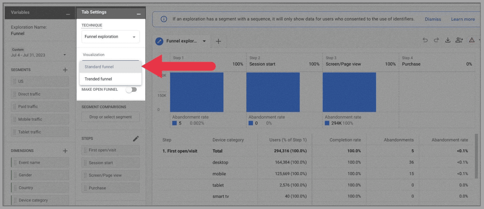 Visualization options connected  funnel exploration template