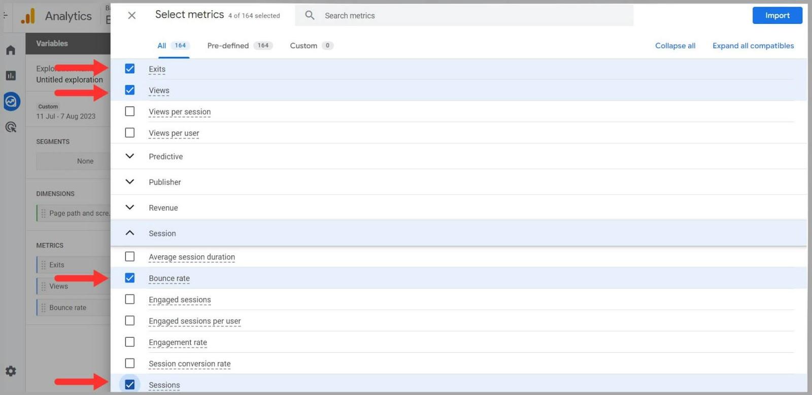 Choose Exits, Views, Bounce Rates and Sessions then Import