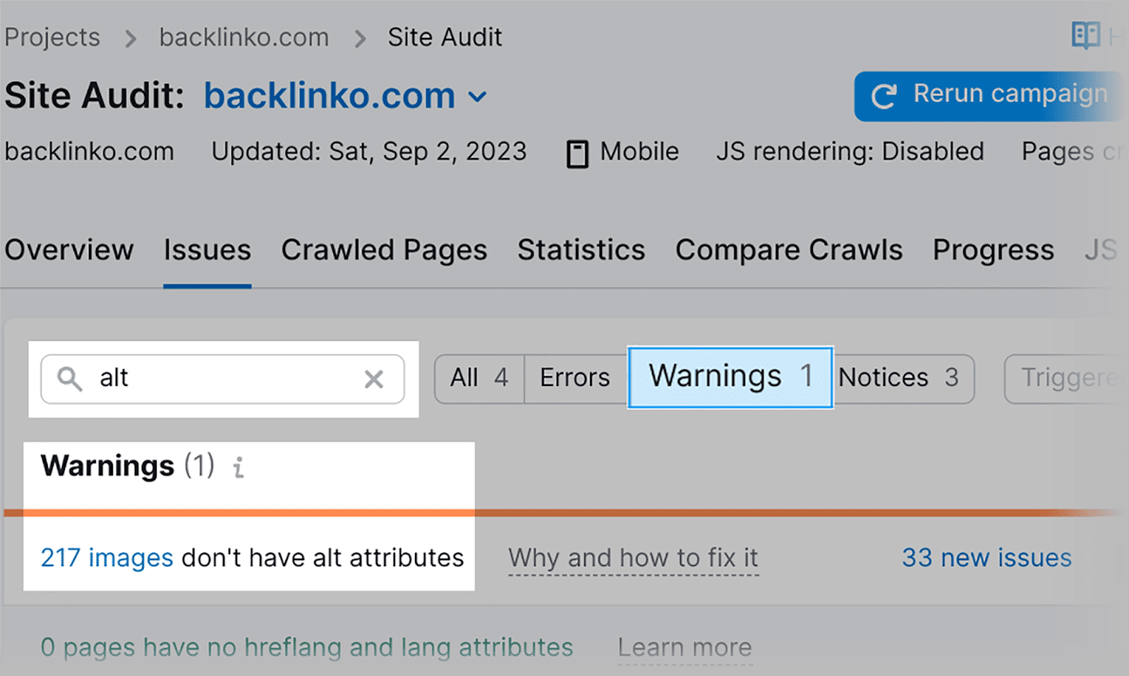 Find the missing alt attributes connected  SEMrush Site Audit tool