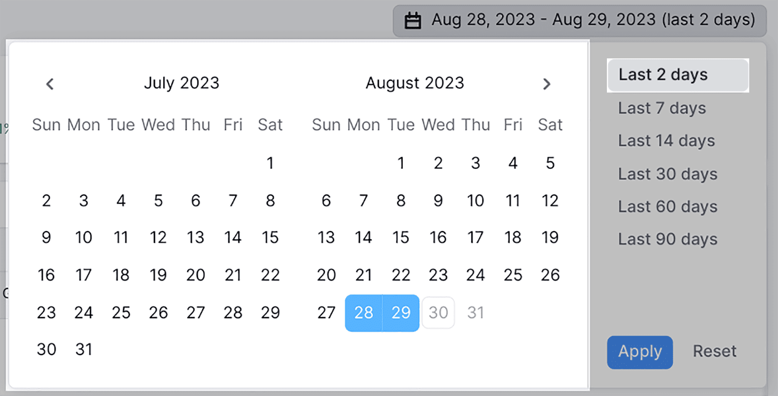 Sample date range for two days