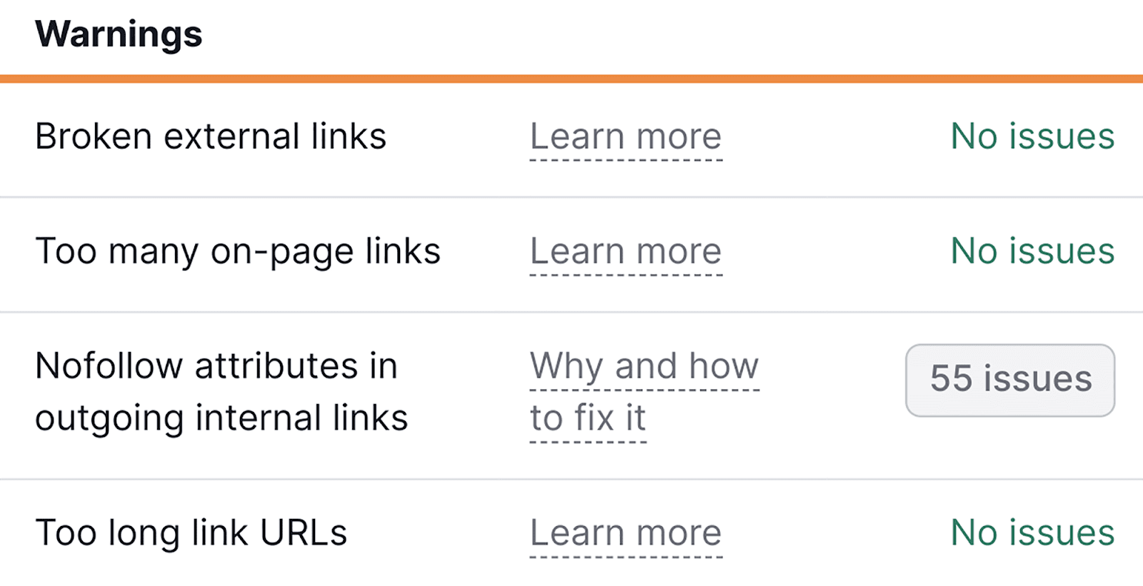 Warnings from internal linking widget