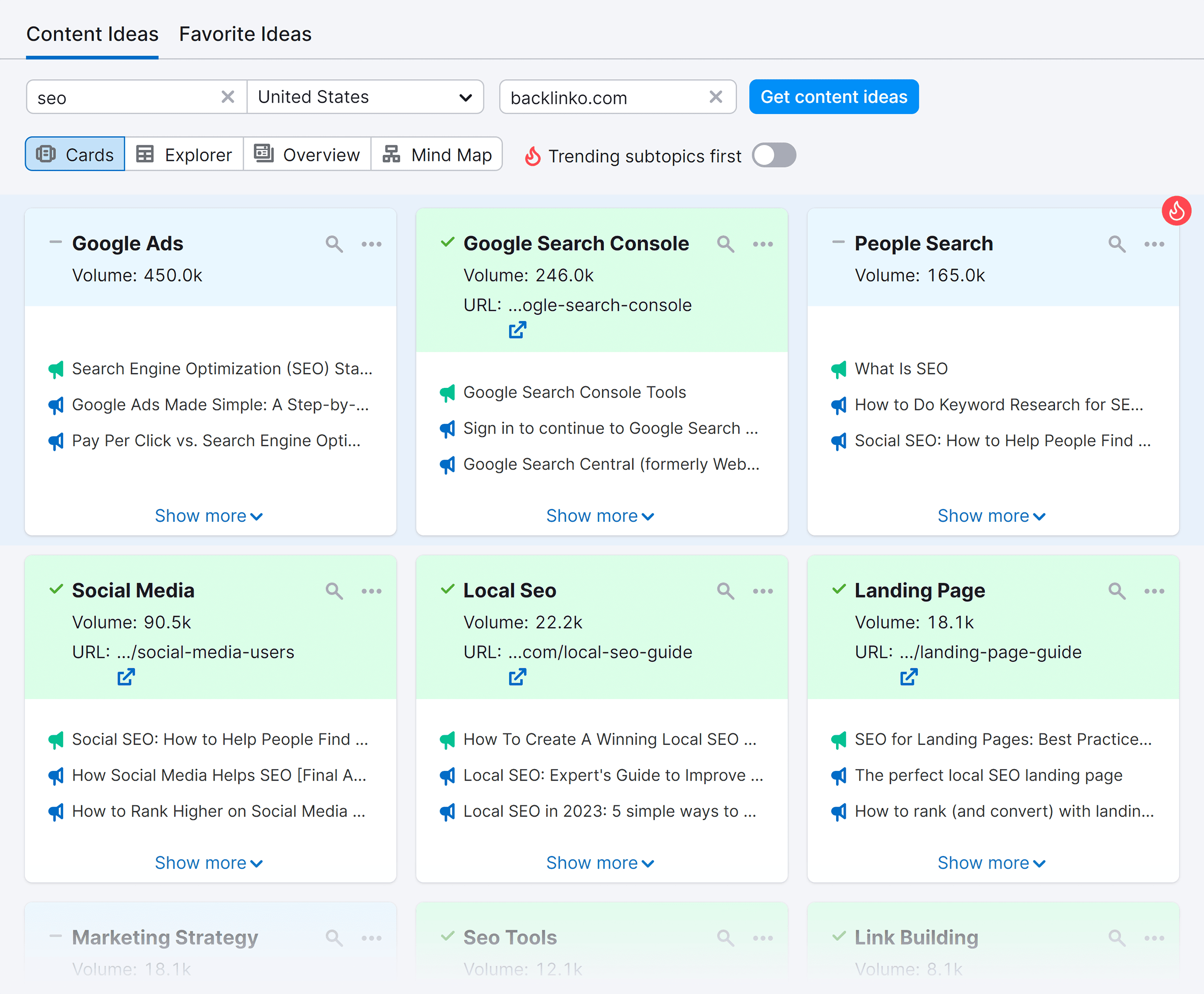 Topic Research – Results page