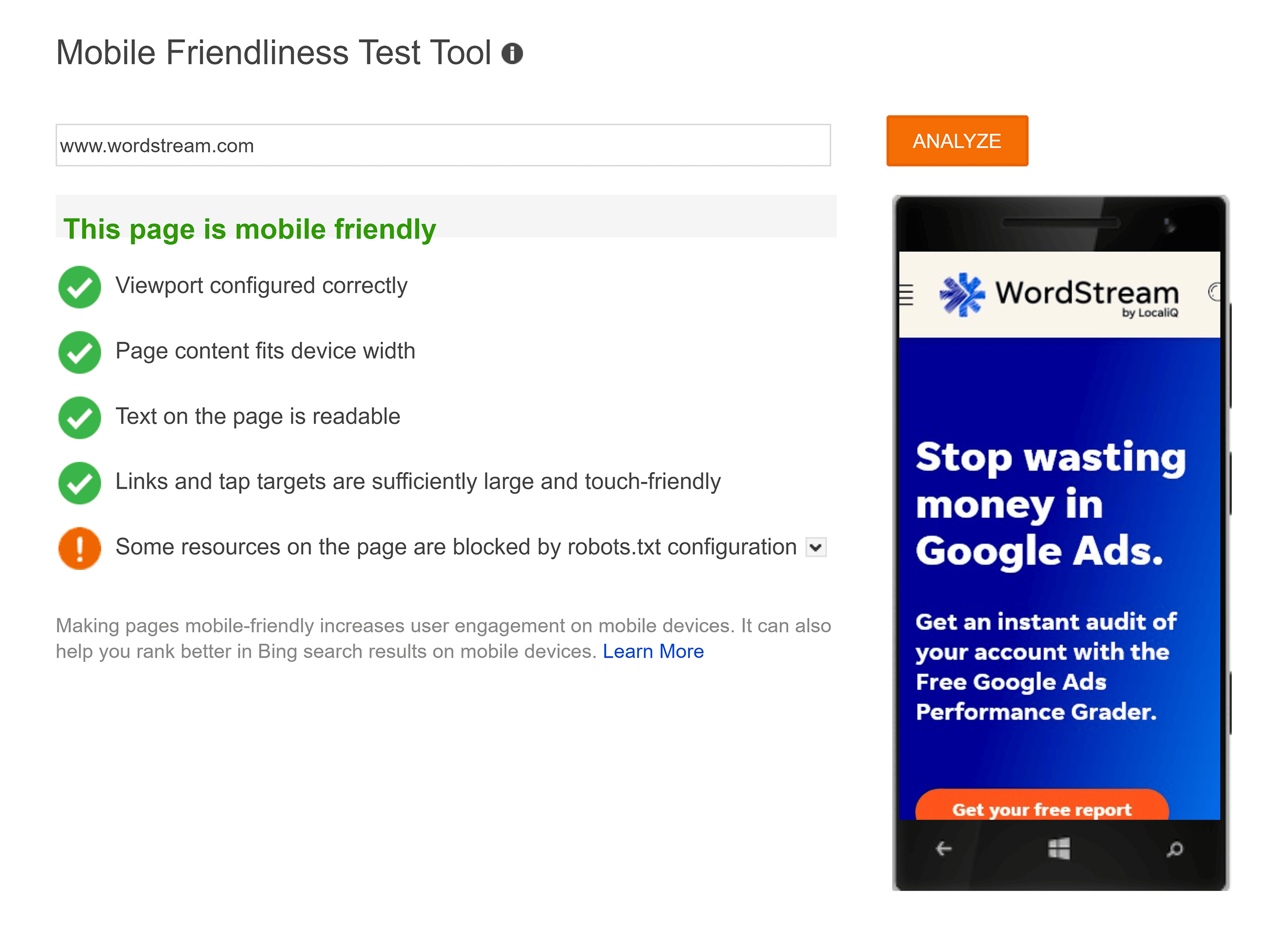 Bing – Mobile Friendliness Tool