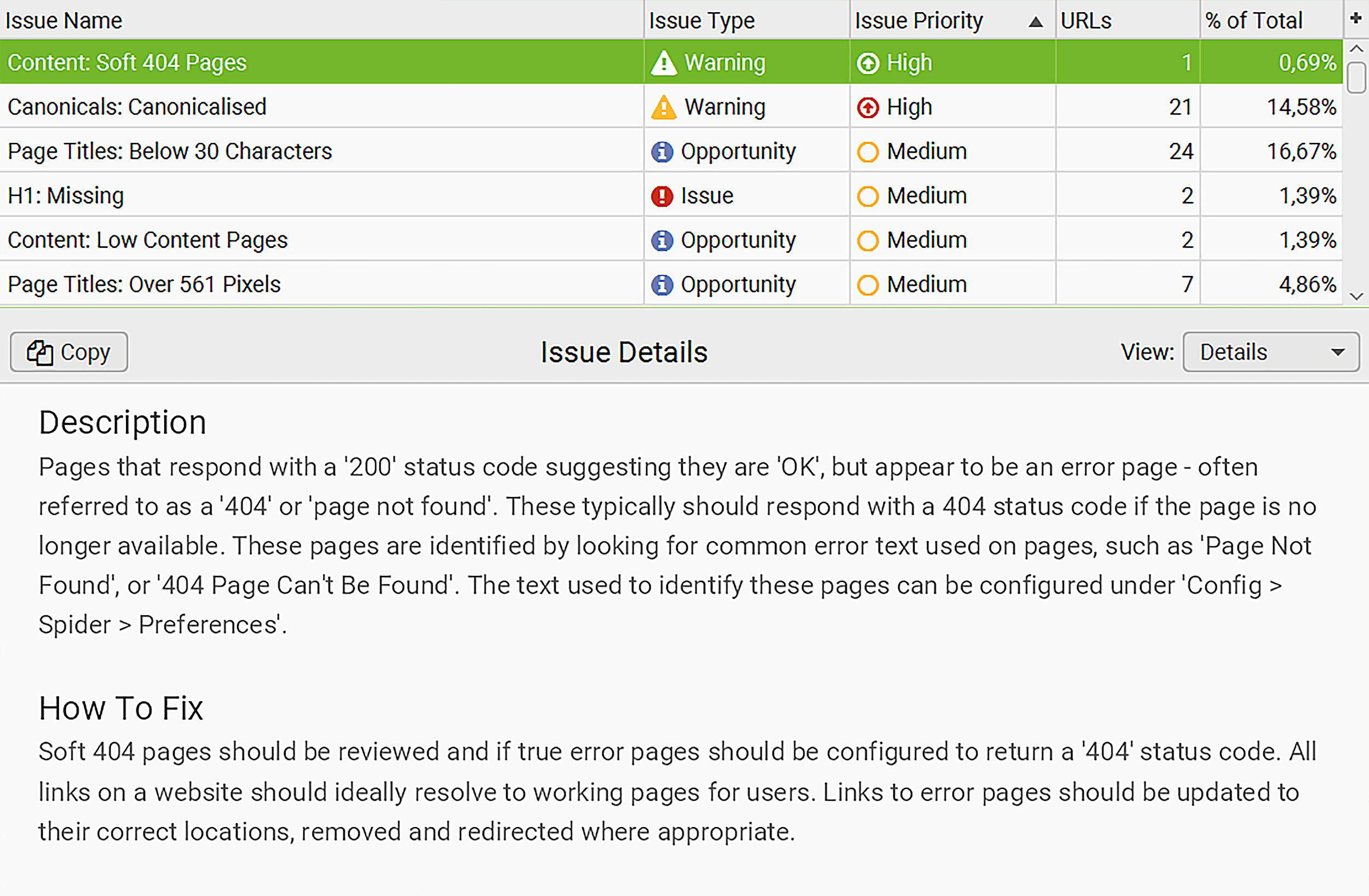 Screaming Frog – Issue description