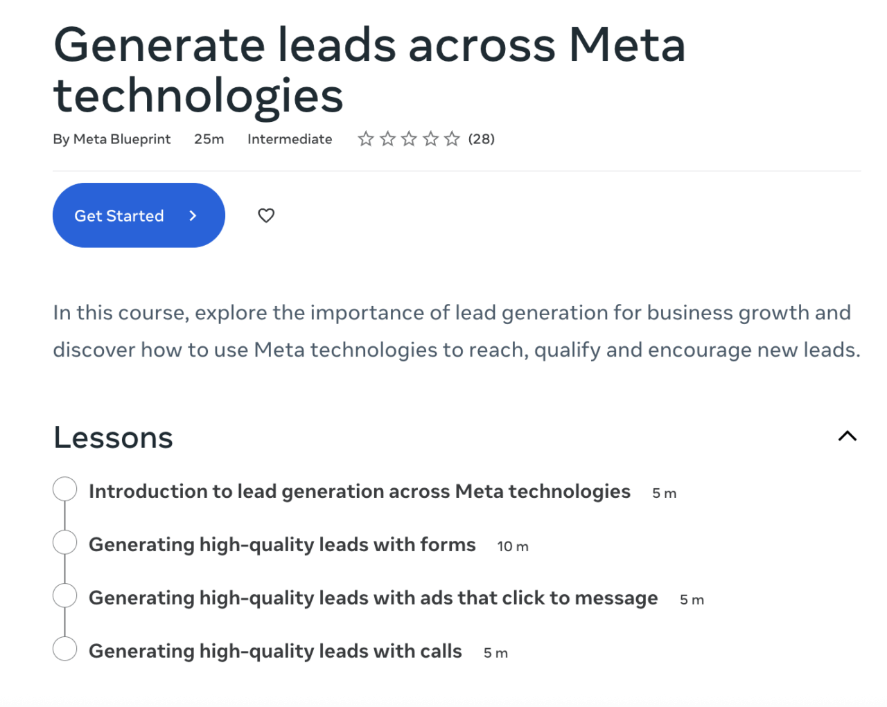 "Generate leads across Meta technologies" course screenshot