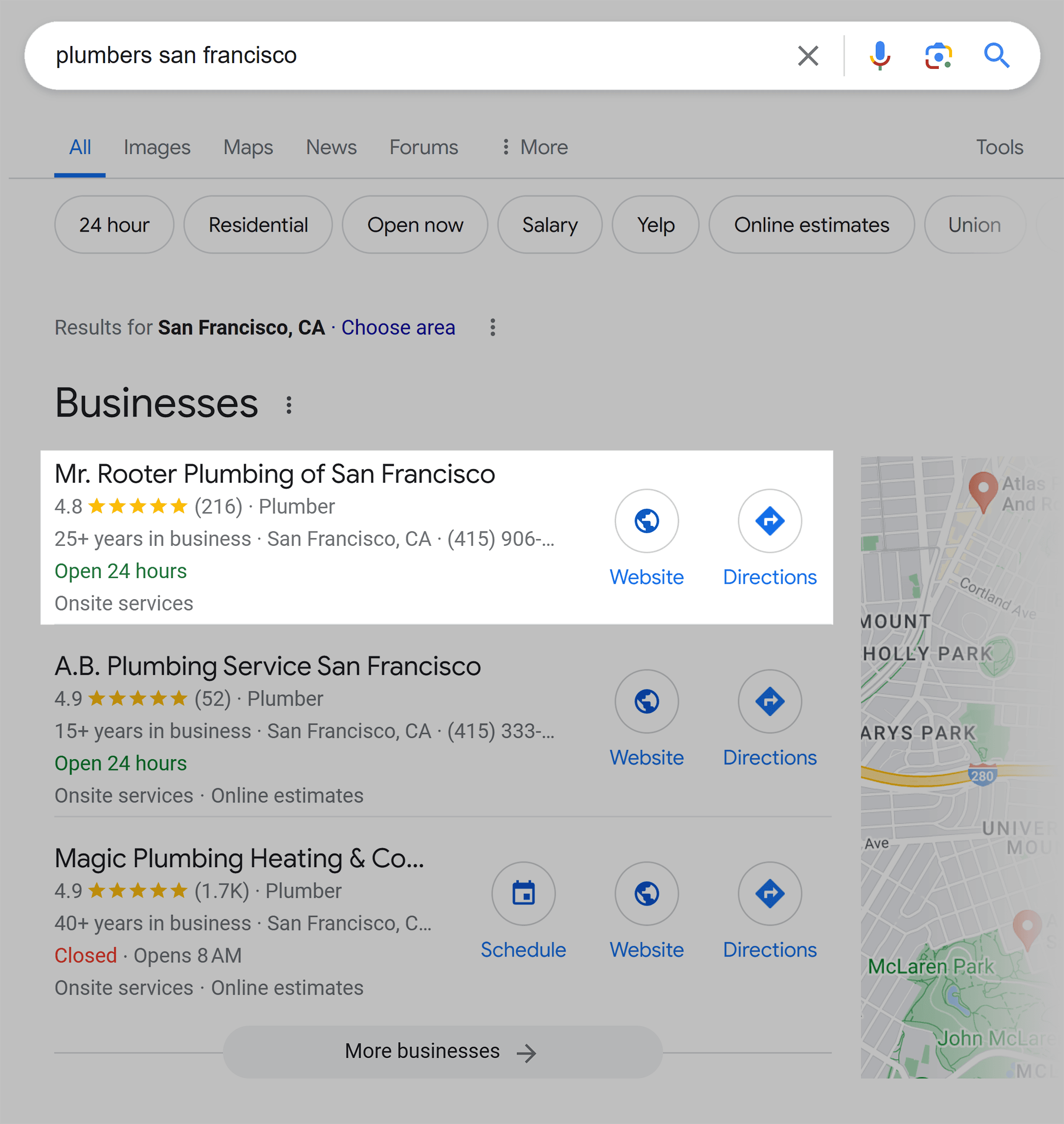 Google SERP – Plumbers San Francisco