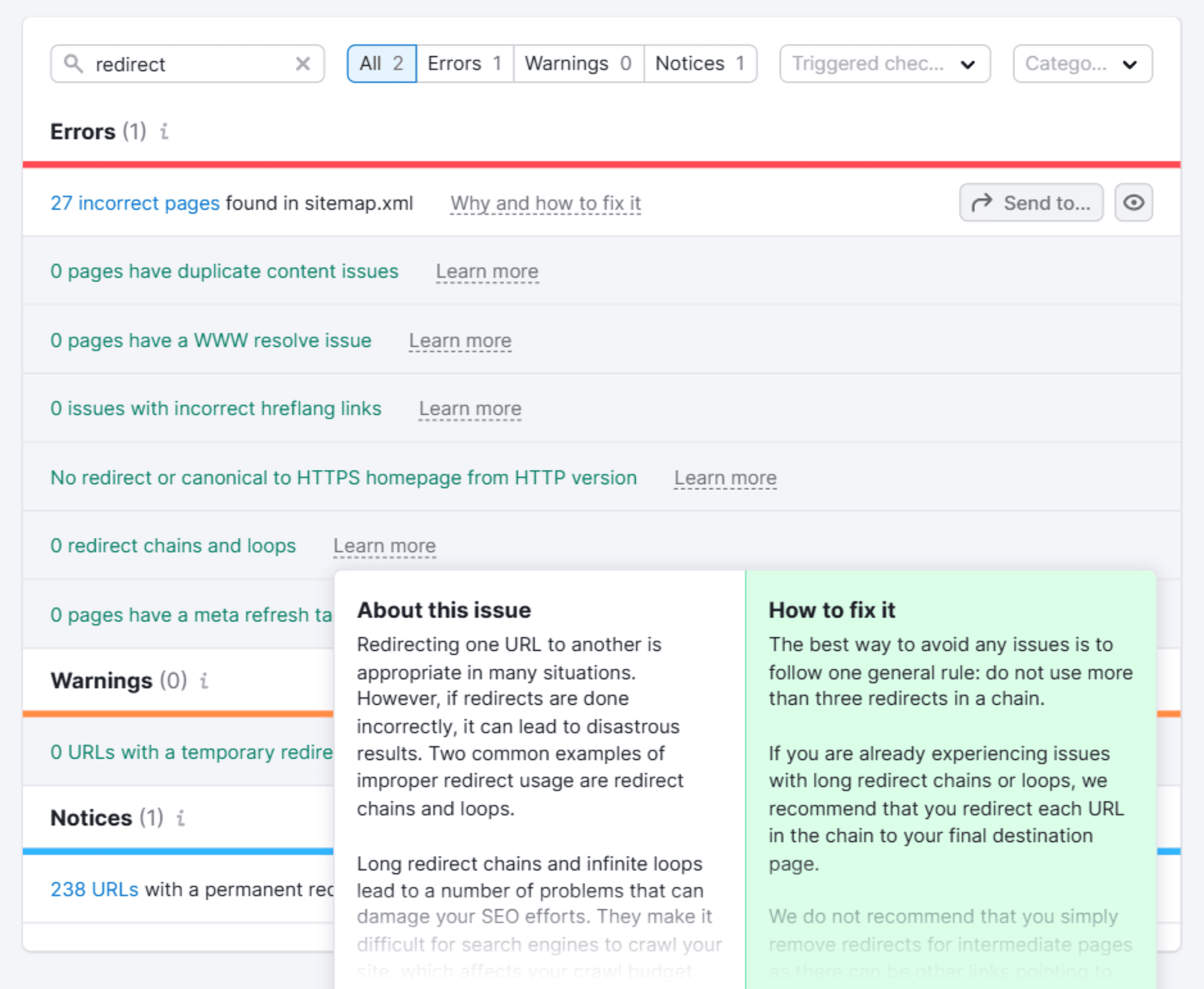 Semrush – Site Audit – Redirect