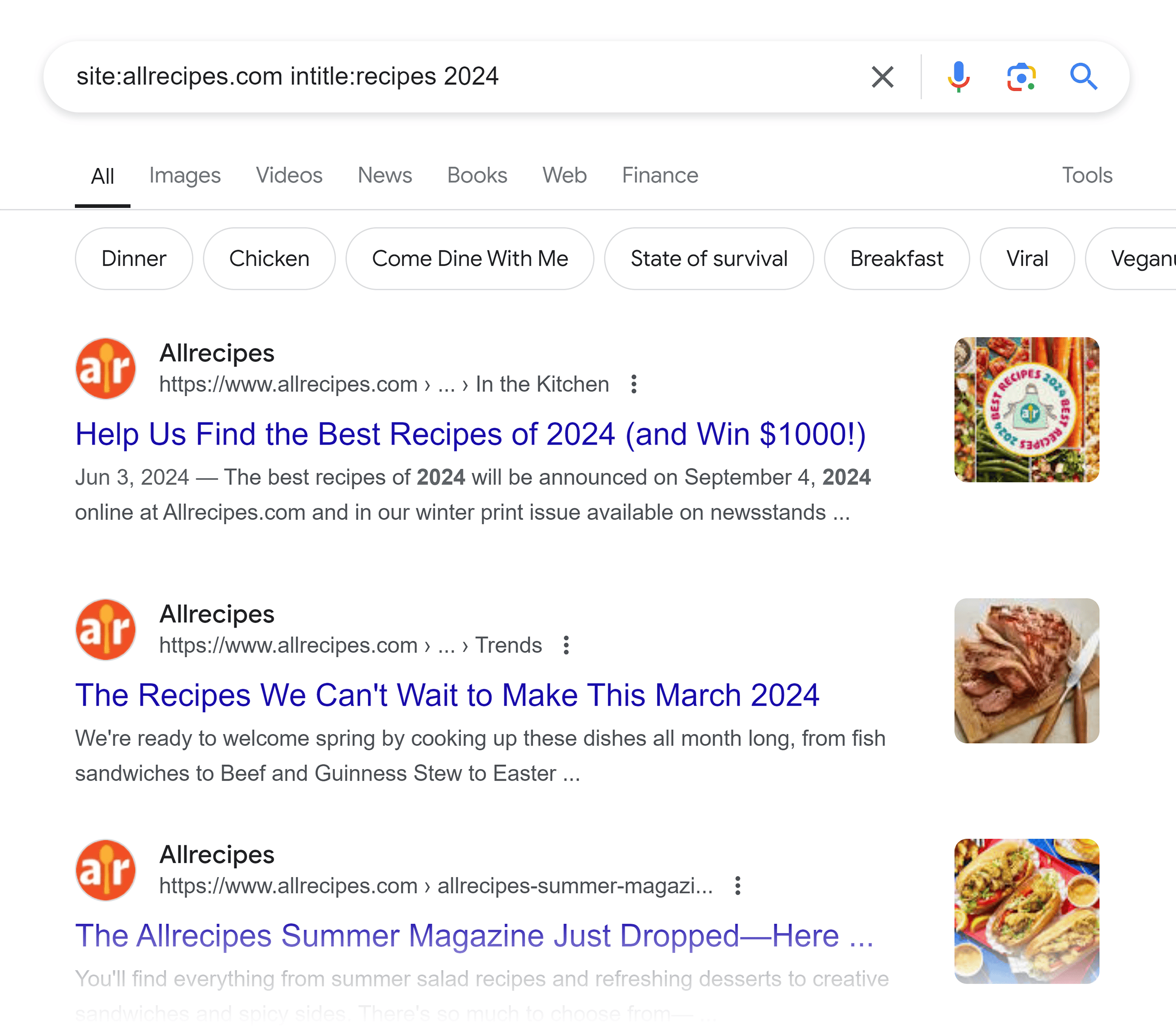 Google SERP – Site:allrecipes.com intitle:recipes 2024