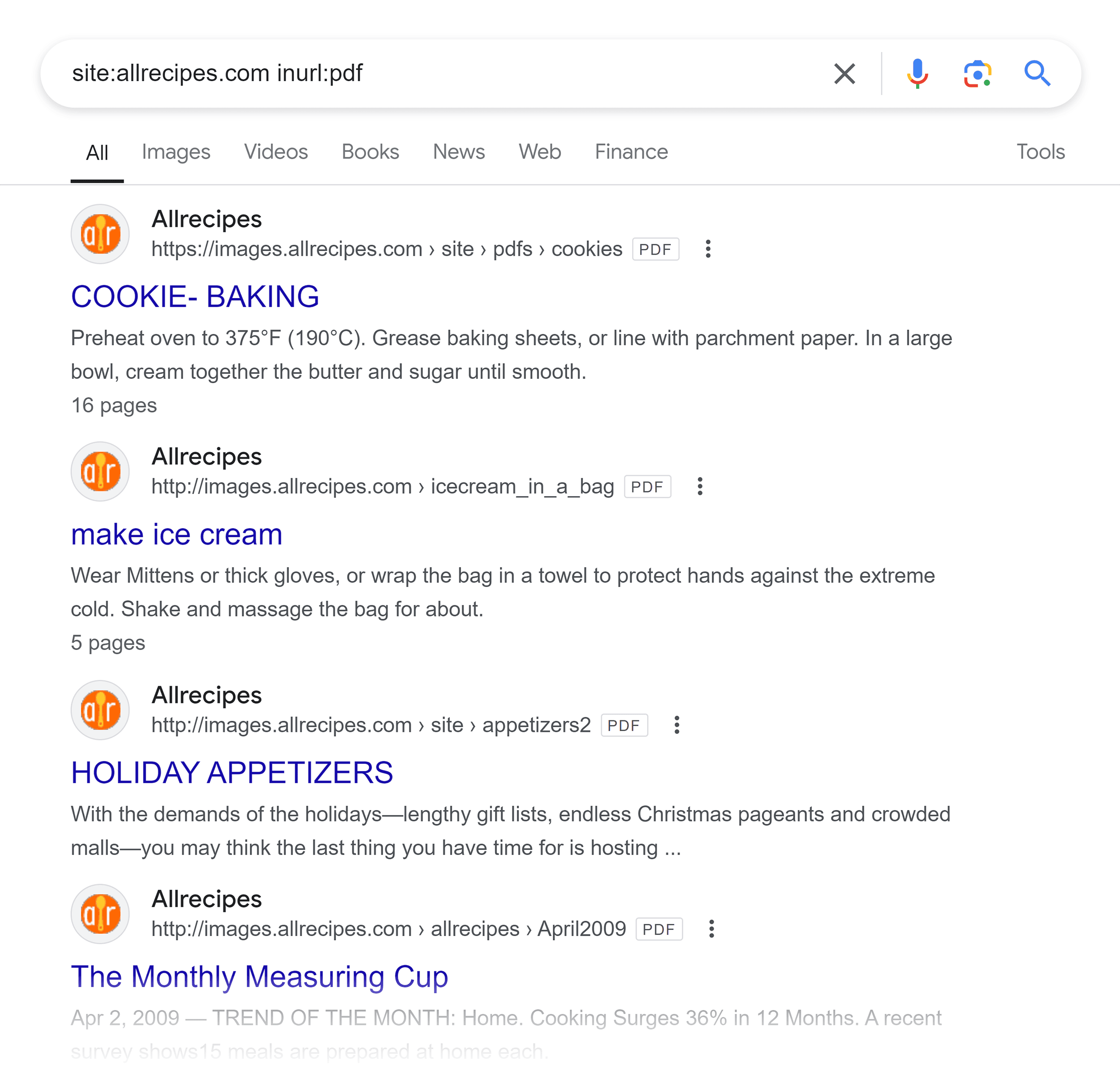 Google SERP – Site:allrecipes.com inurl:pdf
