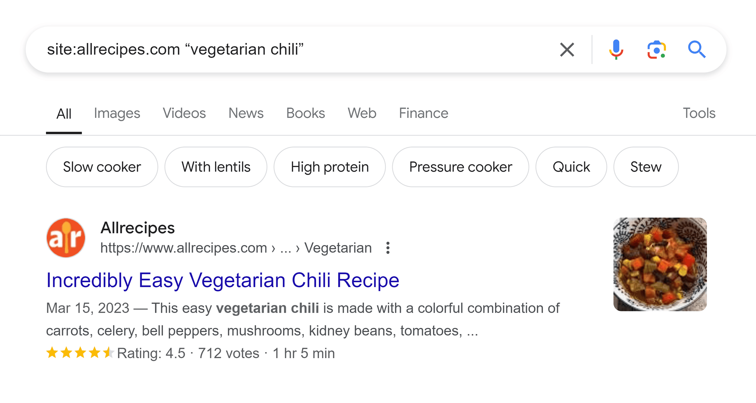 Google SERP – Site:allrecipes.com "vegetarian chili"