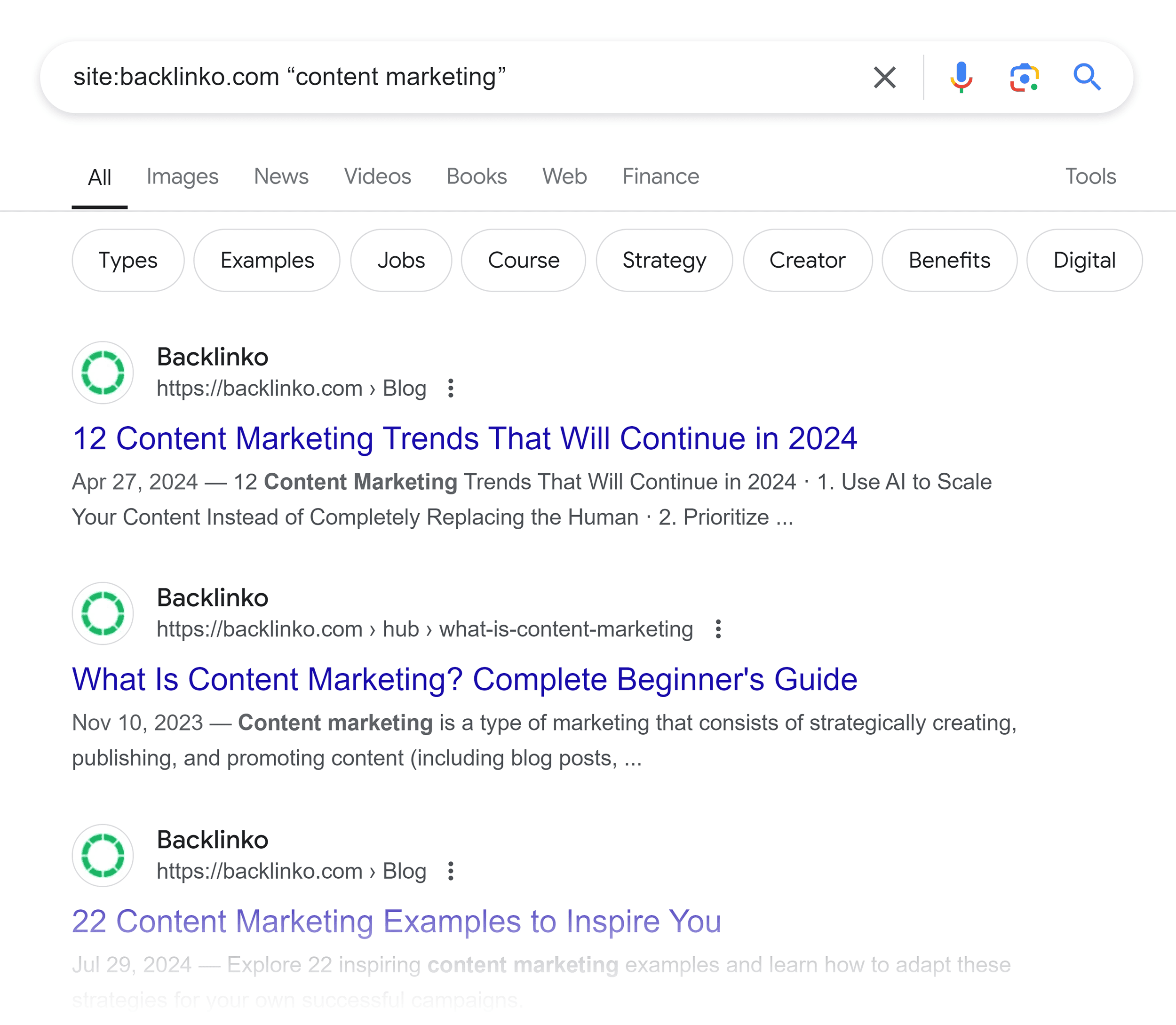 Google SERP – Site:backlinko.com "content marketing"