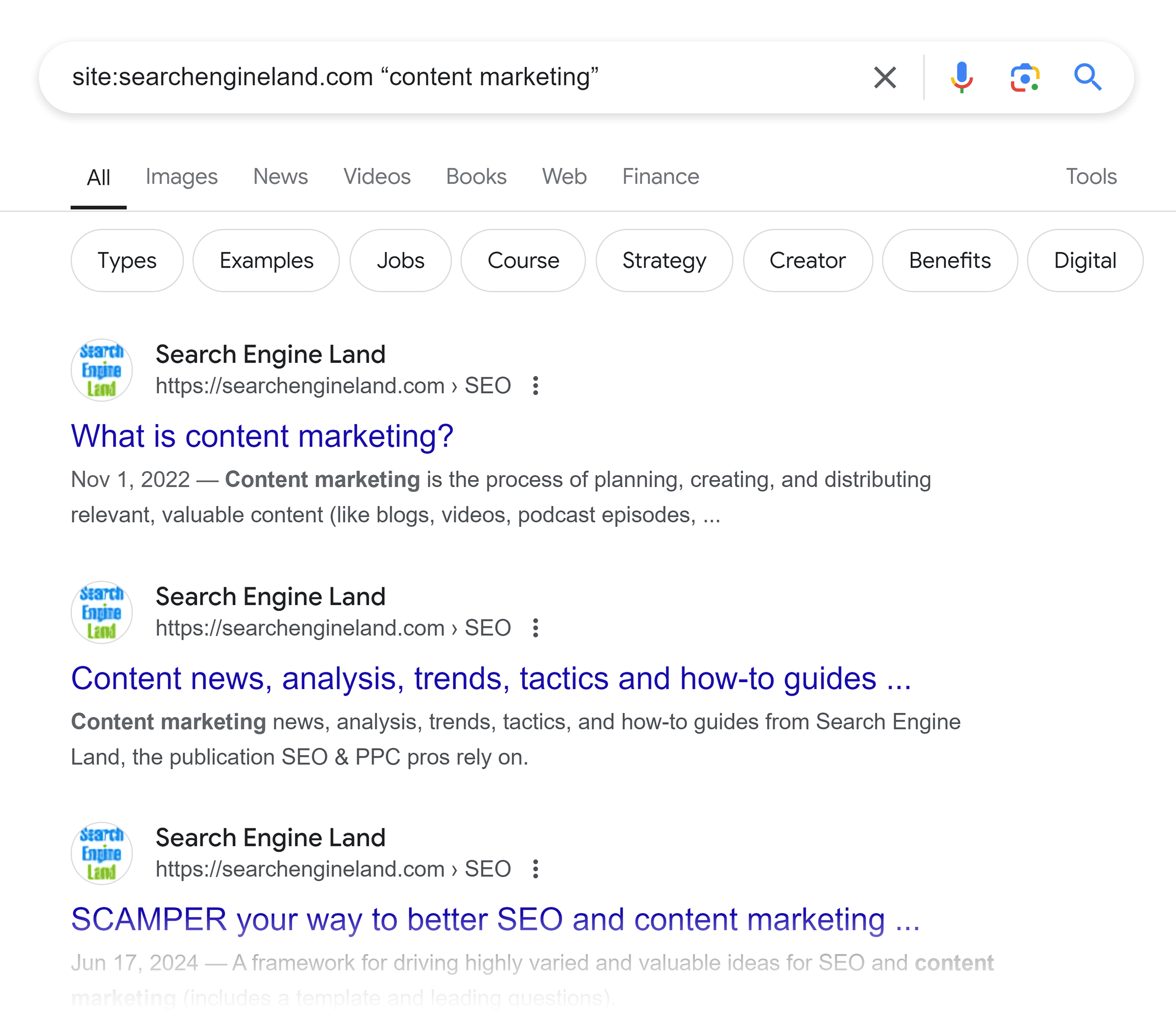 Google SERP – Site:searchengineland.com "content marketing"