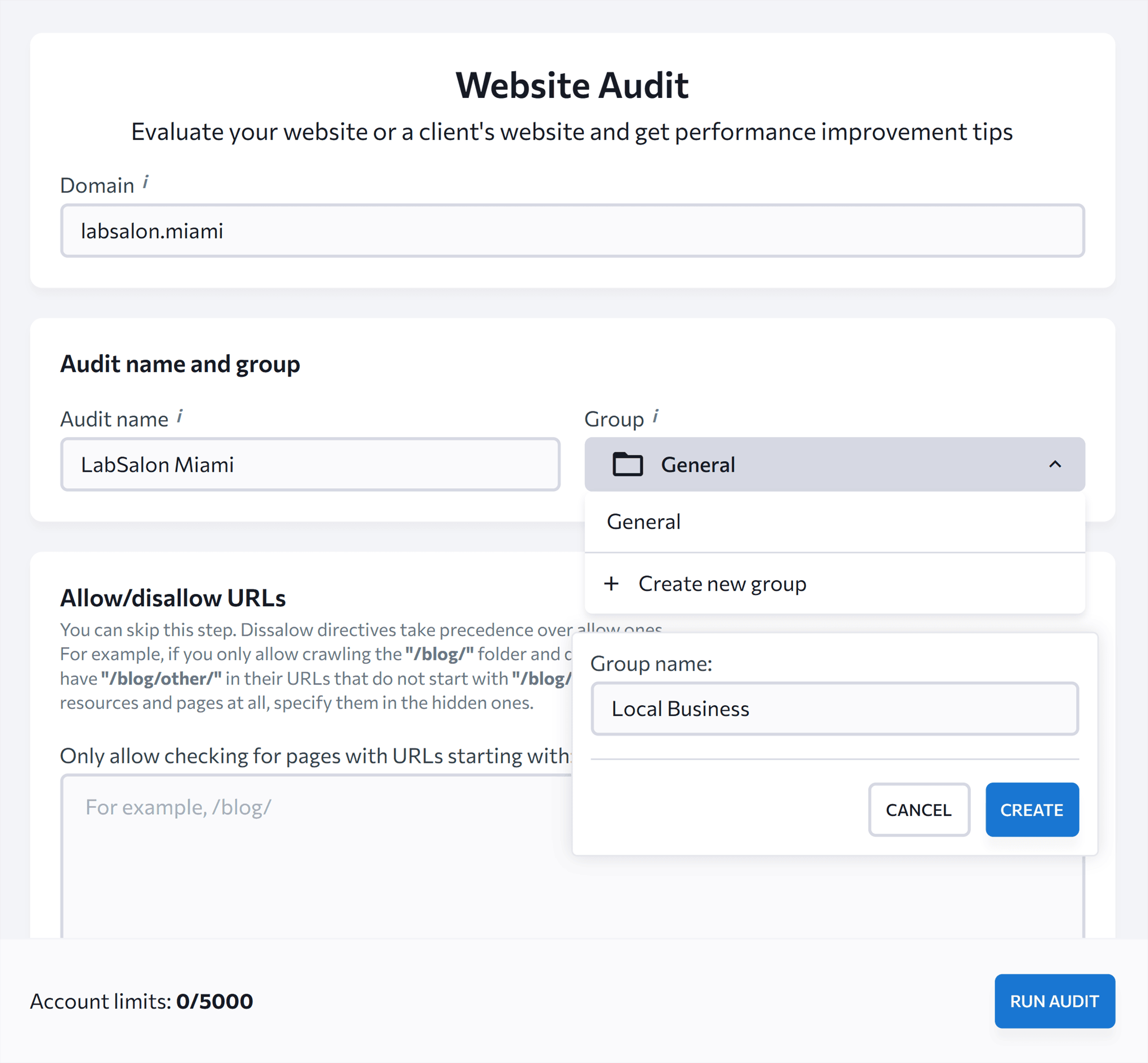 SE Ranking – Audit – New group