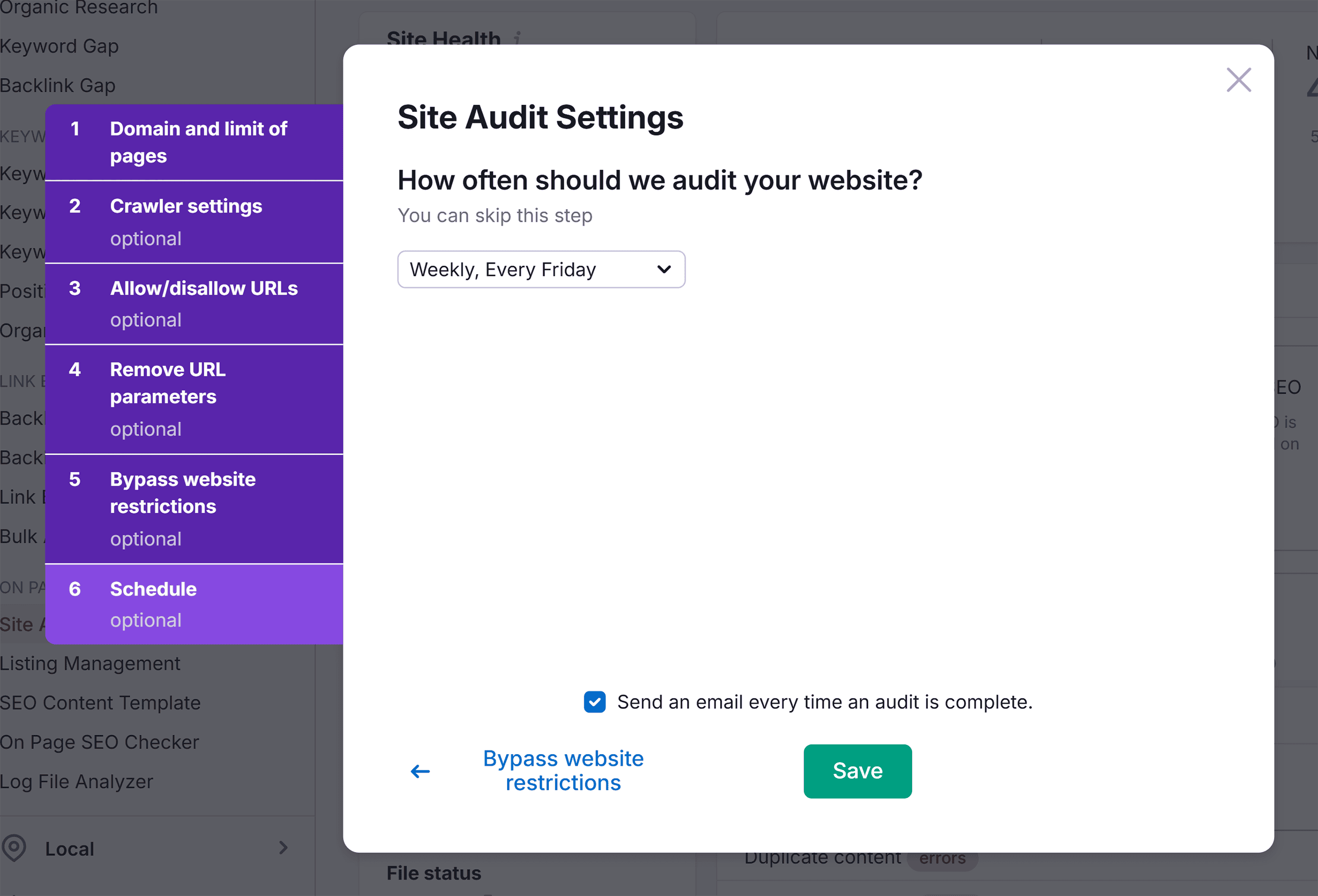 Site Audit – Campaign Settings – Schedule