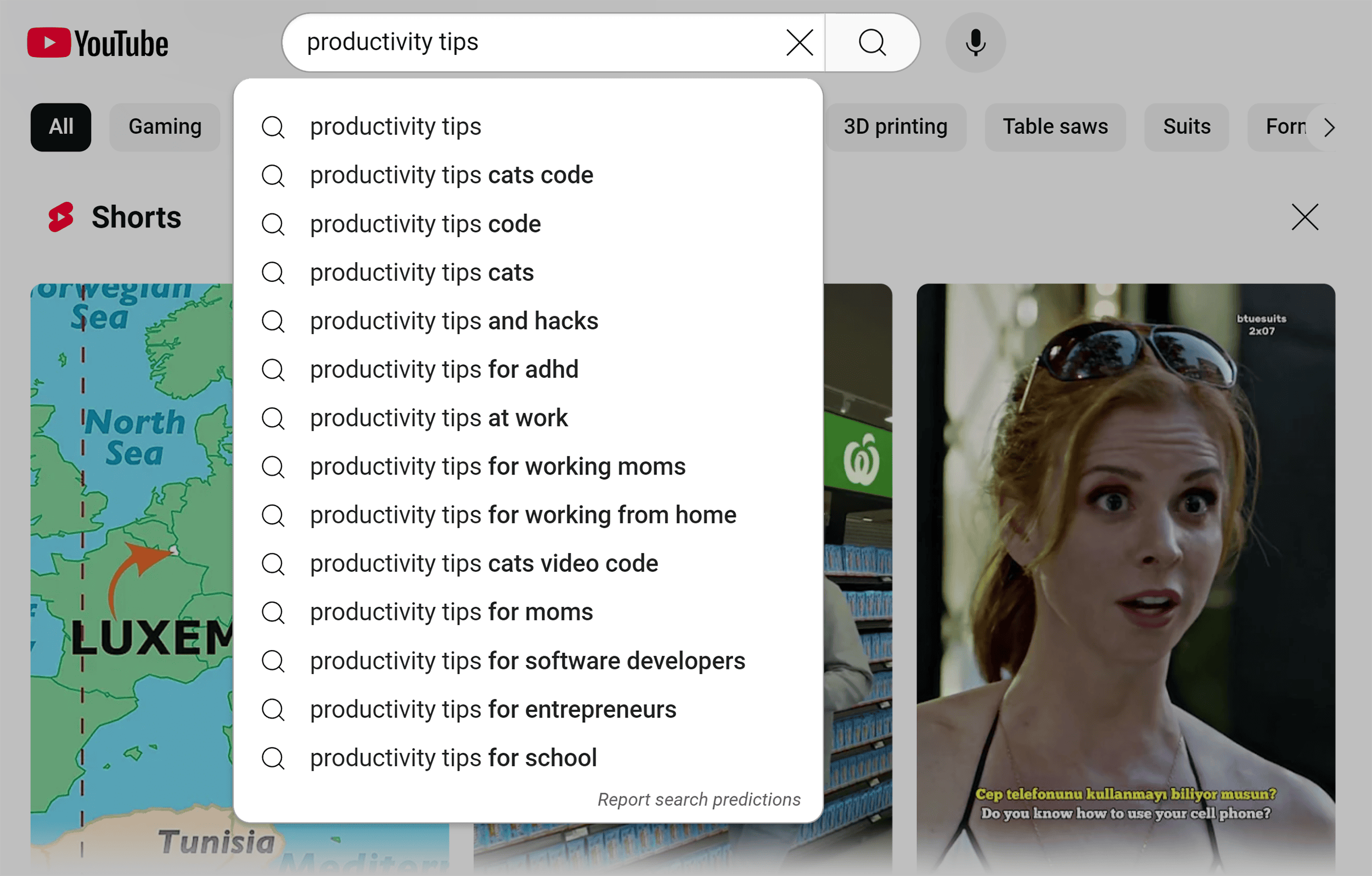YouTube search suggest – Productivity tips