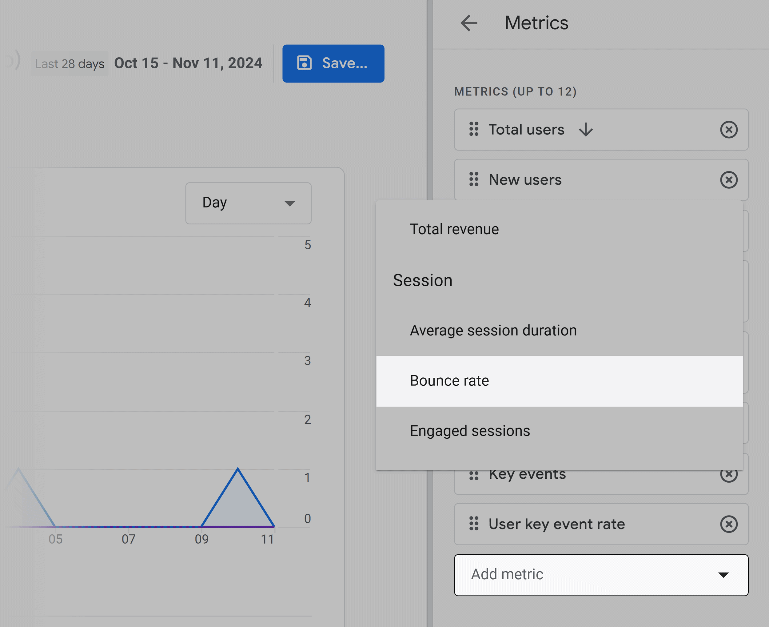 GA – Customize report – Metrics – Add metric – Bounce rate