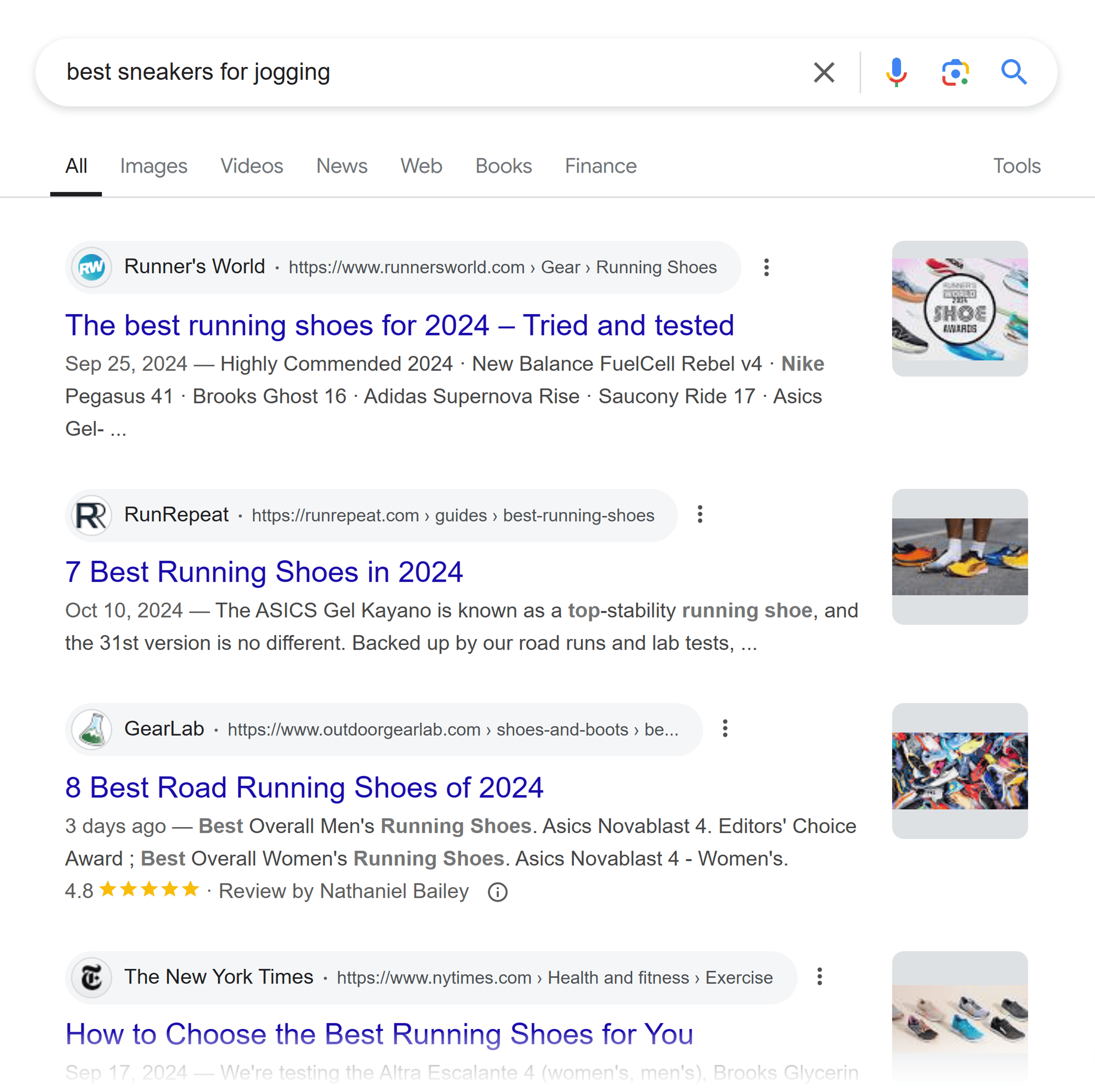 Google SERP – Best sneakers for jogging
