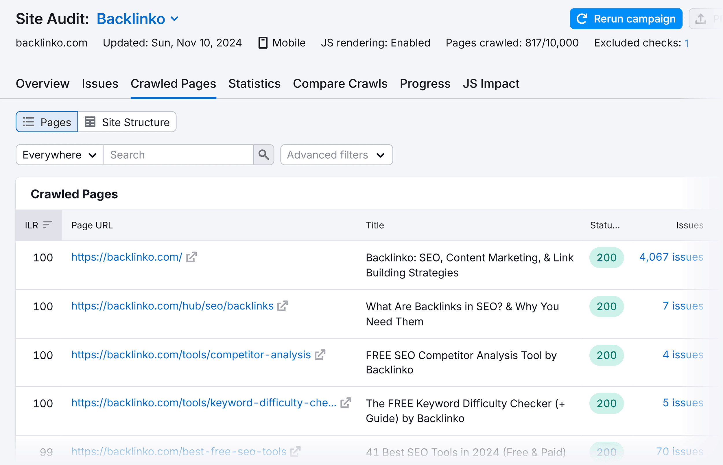 Site Audit – Crawled Pages – Backlinko