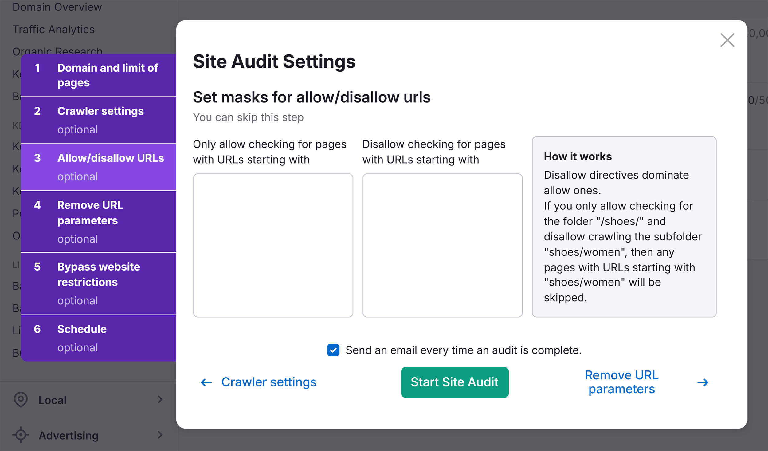 Site Audit Settings – URL settings