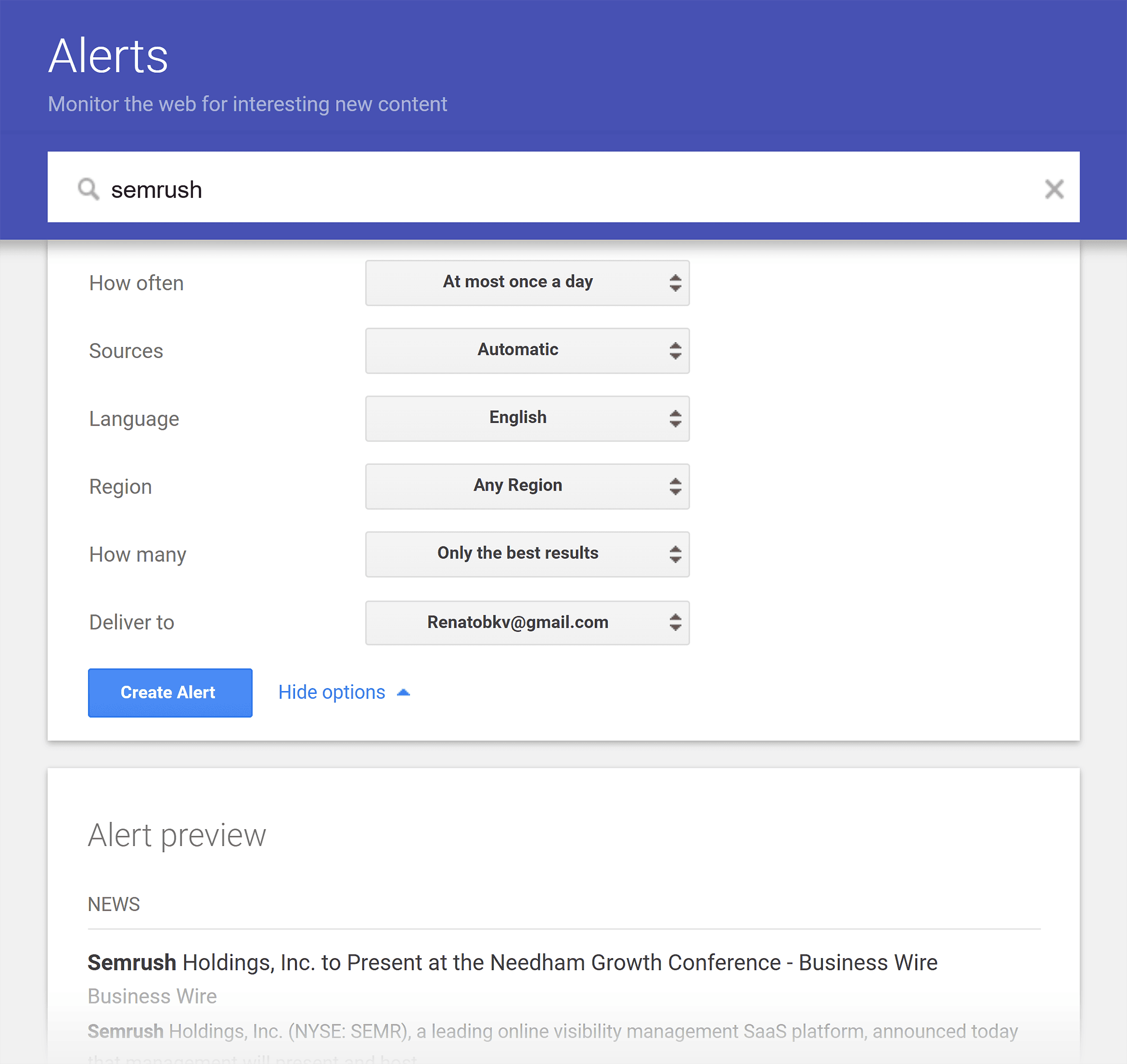Google Alerts – Semrush – Create Alert