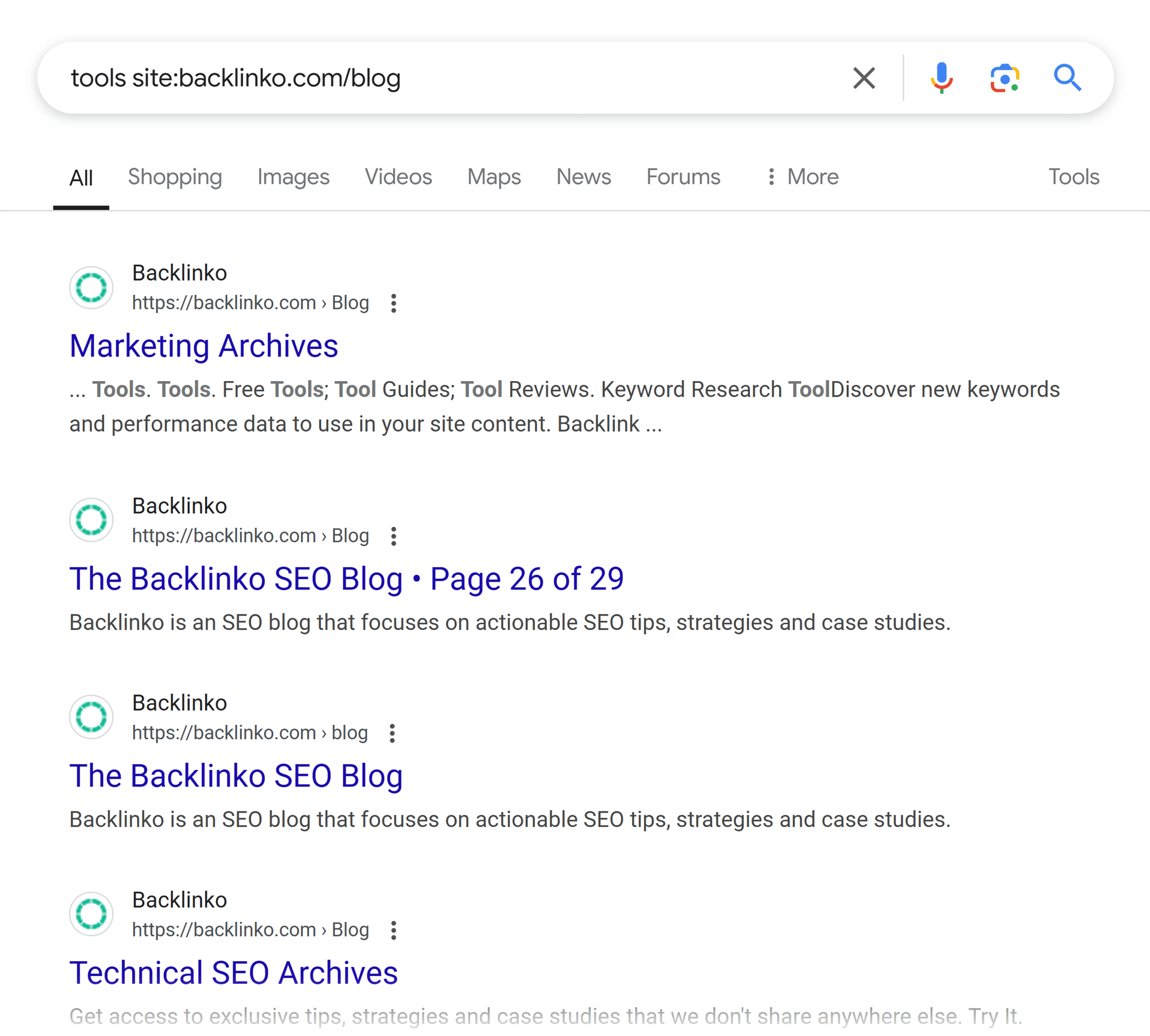 Google SERP – Tools site:backlinko.com/blog