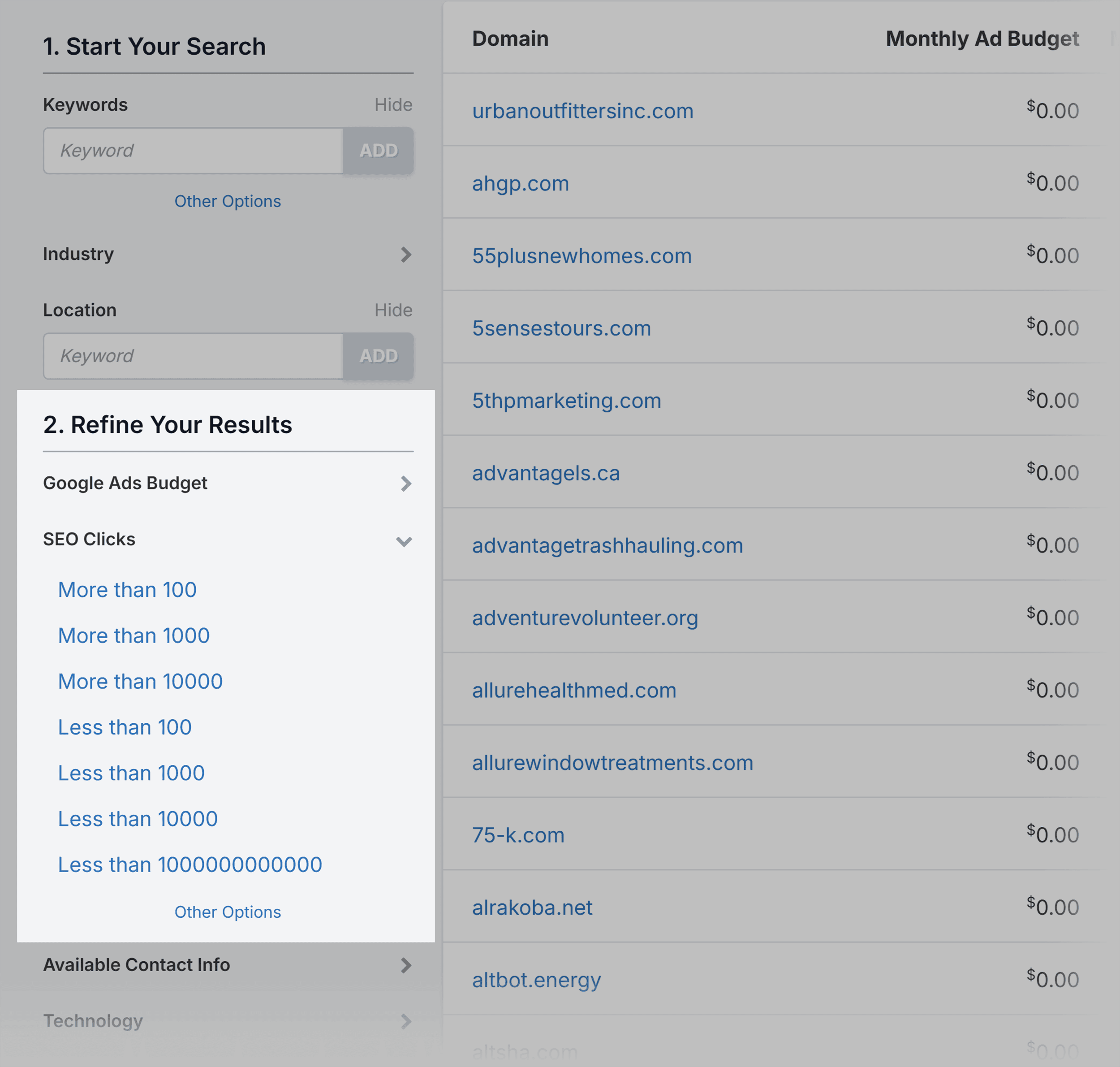 SpyFu – Leads – Refine results