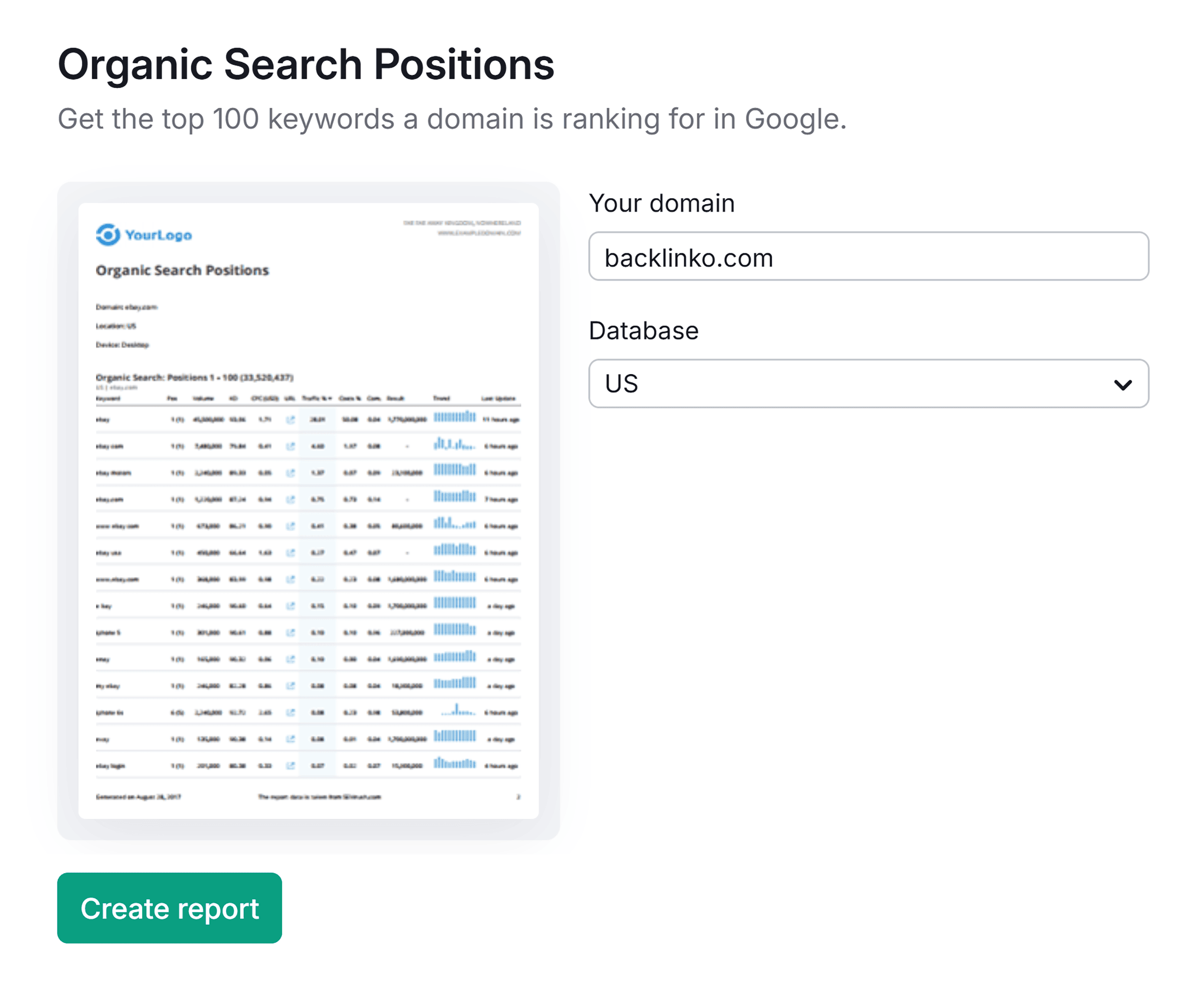 My Reports – Create Report – Organic Search Positions My Reports – Create Report – Organic Search Positions