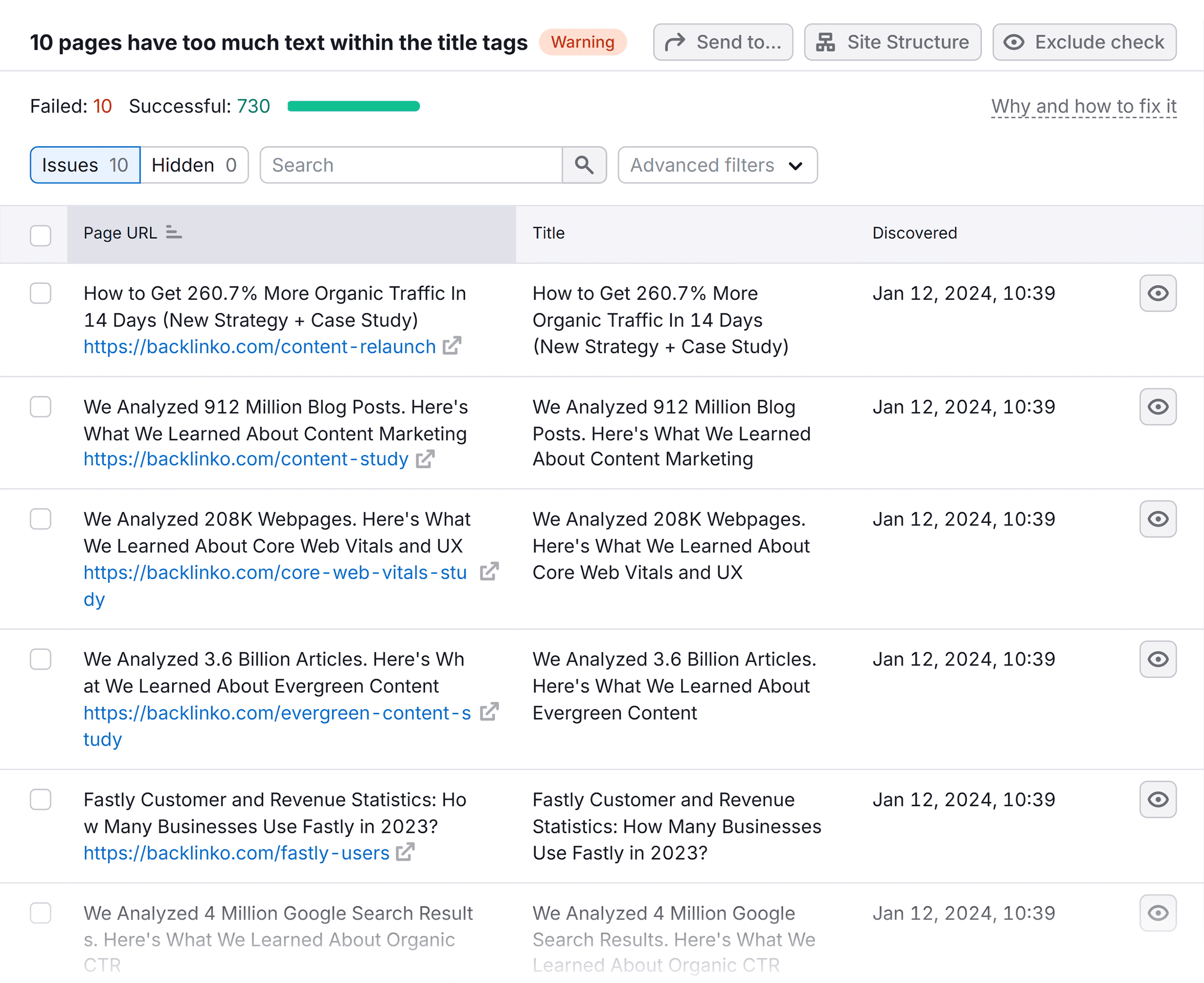 Site Audit – Backlinko – Issues – Too much text within the title tags Site Audit – Backlinko – Issues – Too much text within the title tags
