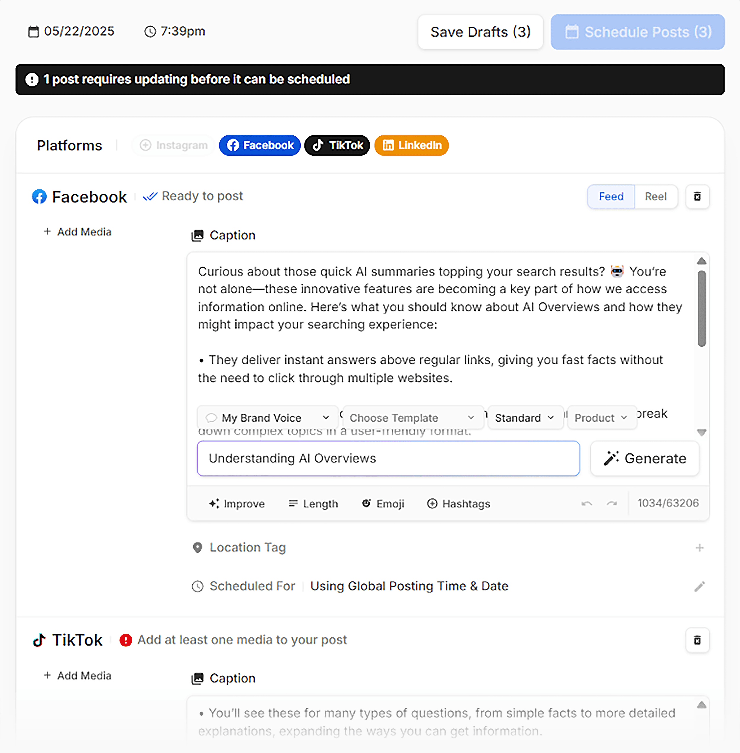 Customize each post for different social media platforms Customize each post for different social media platforms