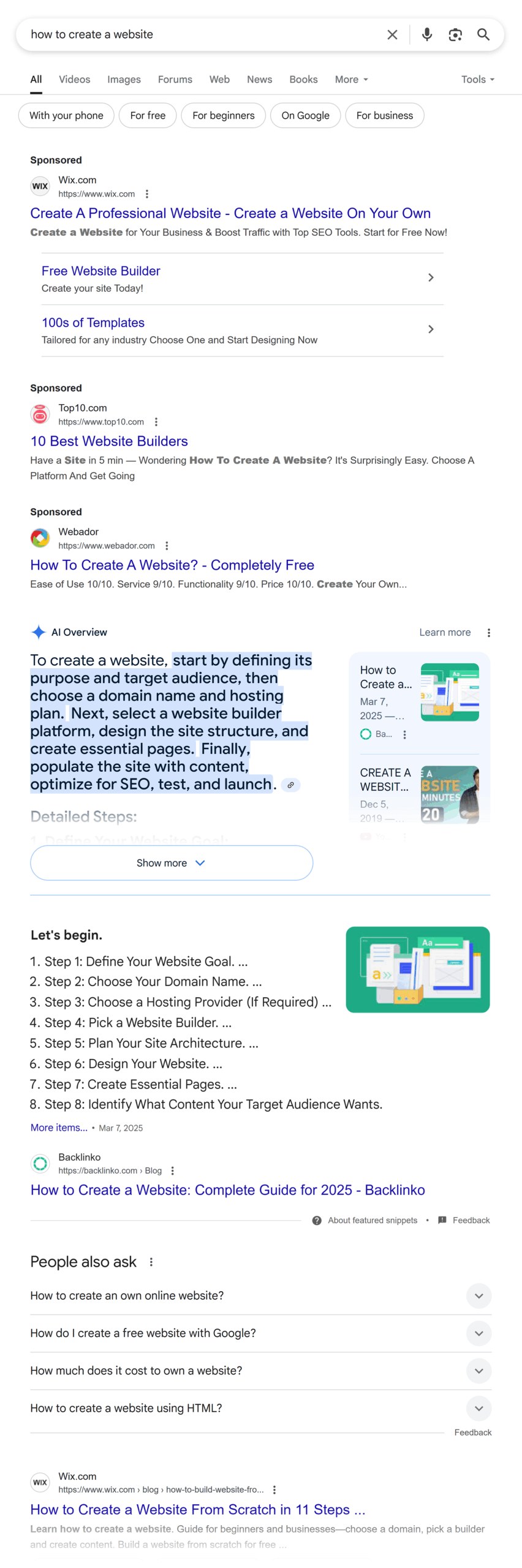 Google SERP – How to create a website Google SERP – How to create a website