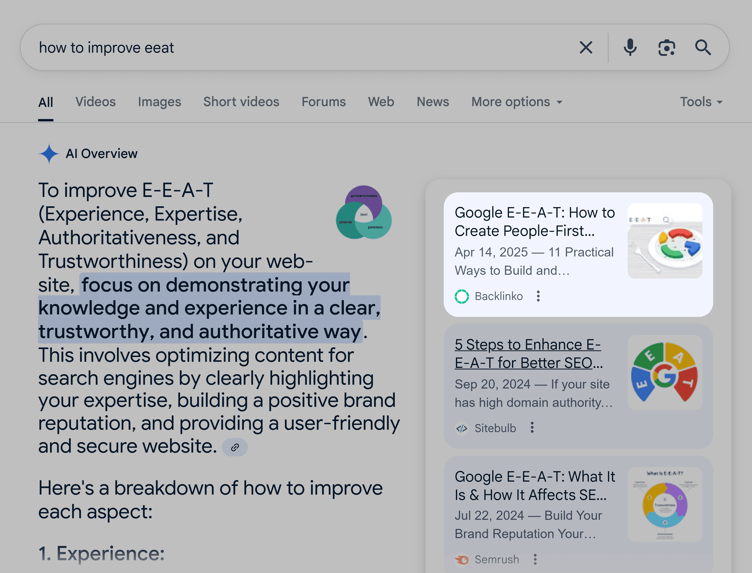 Google SERP – How to improve E-E-A-T – AI Overview Google SERP – How to improve E-E-A-T – AI Overview