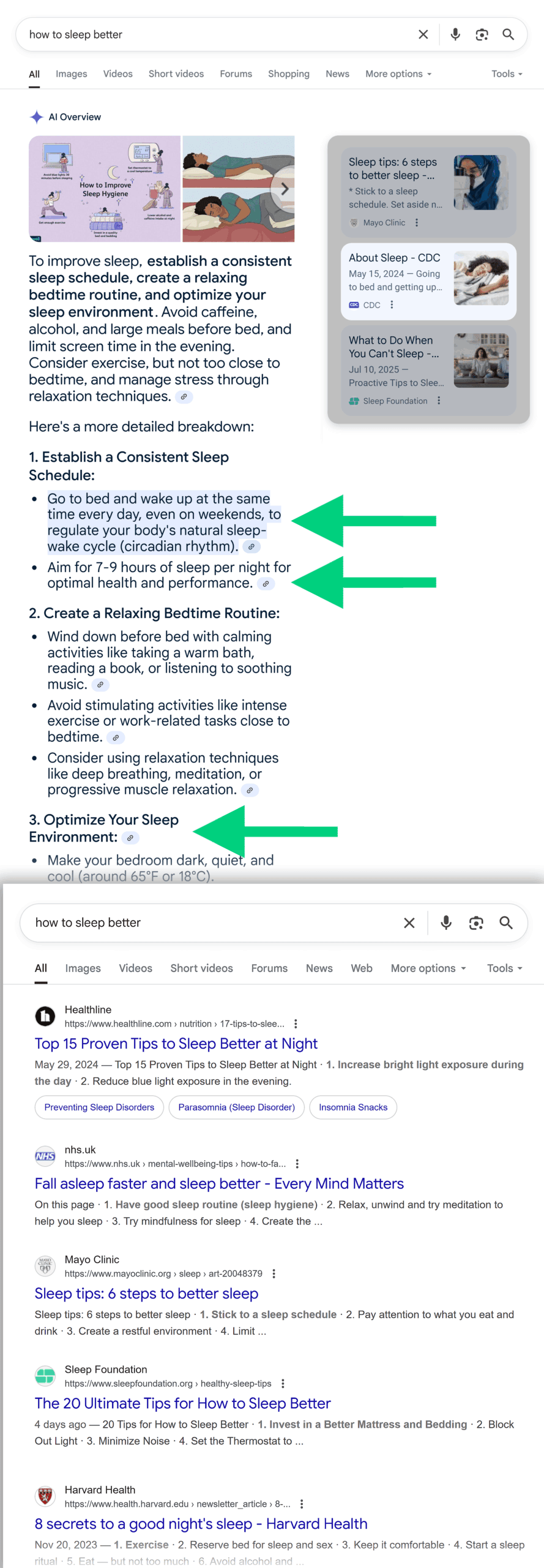 Google SERP – How to sleep better – AI Overview – Sources Google SERP – How to sleep better – AI Overview – Sources