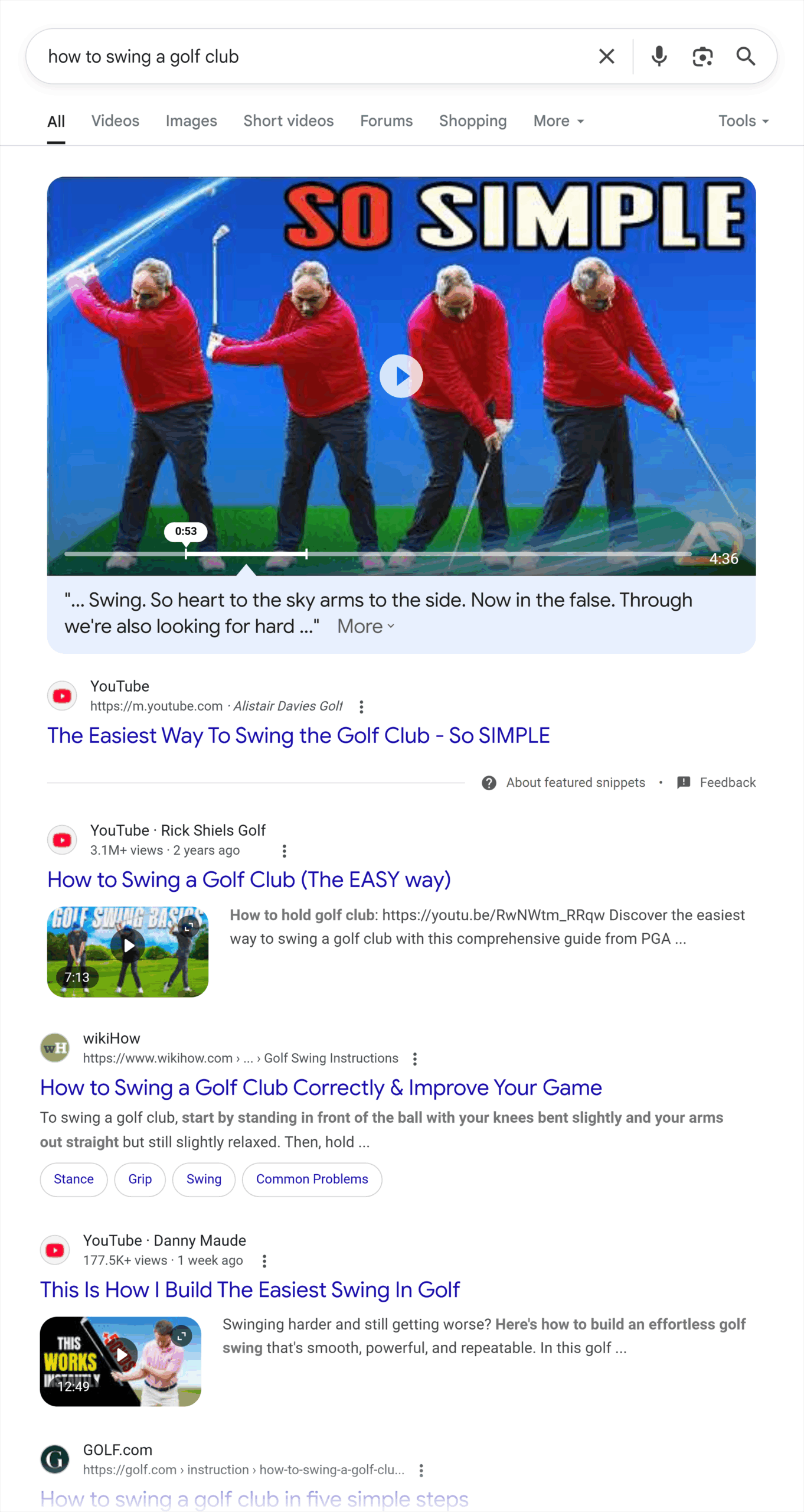 Google SERP – How to swing a golf club Google SERP – How to swing a golf club